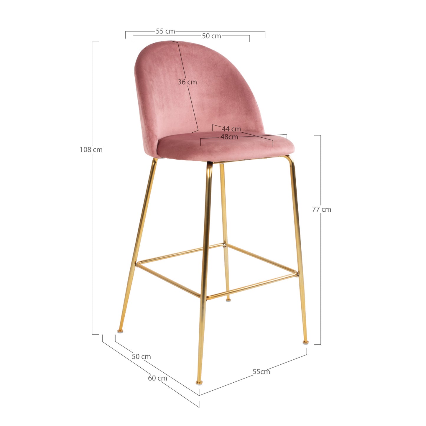 Lausanne Bar Stol - Barstol, Velour, Rosa, Messing Look Ben, &Nbsp;Hn1214 ⎮ Sæt af 2 stk. ⎮ 5713917001514 ⎮ 1001260