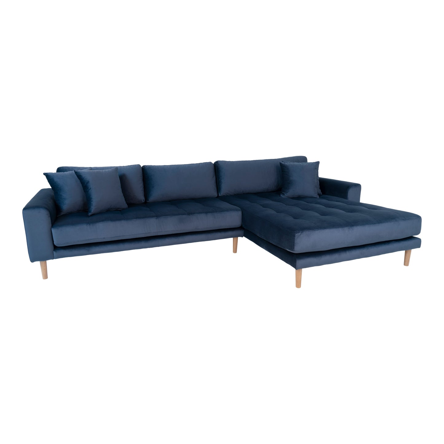 Lido Lounge Sofa - Lounge Sofa, Højrevendt I Mørkeblå Velour Med Fire Puder Og Natur Træben, Hn1005 ⎮ 5713917006595 ⎮ 1301183