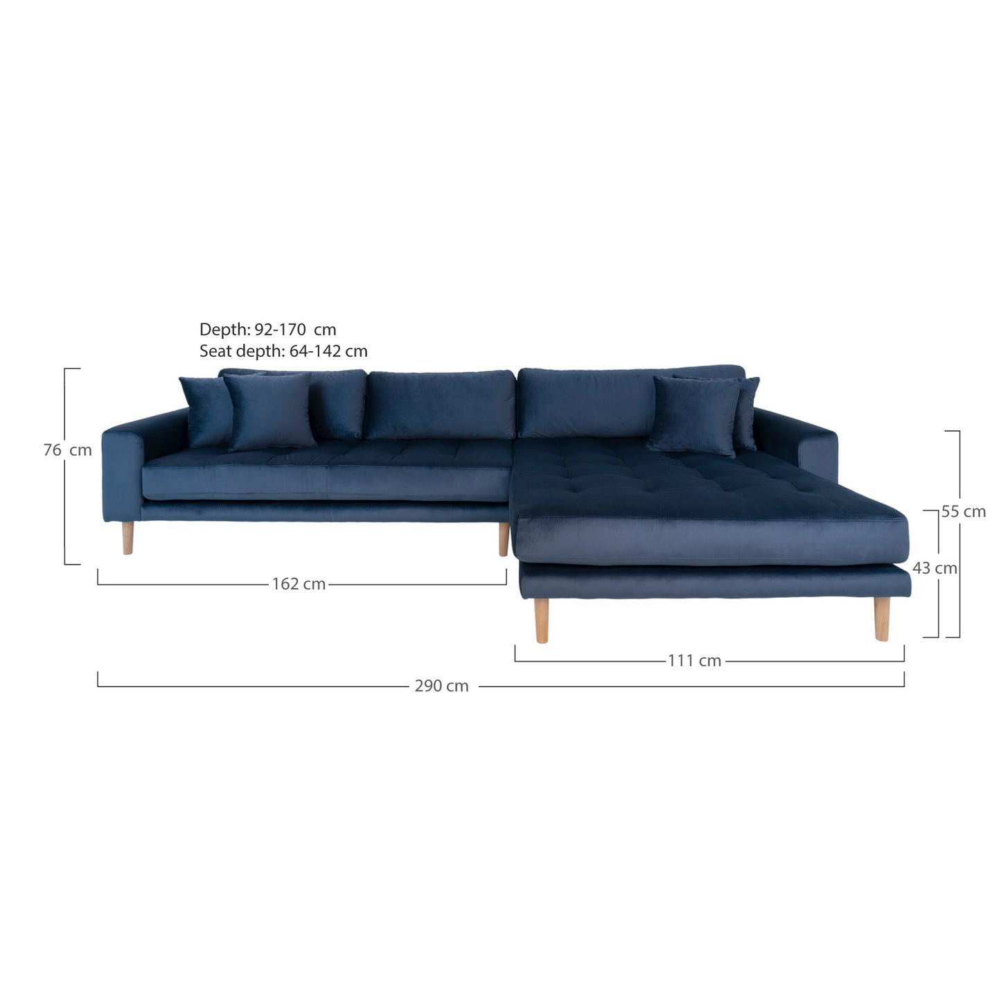 Lido Lounge Sofa - Lounge Sofa, Højrevendt I Mørkeblå Velour Med Fire Puder Og Natur Træben, Hn1005 ⎮ 5713917006595 ⎮ 1301183