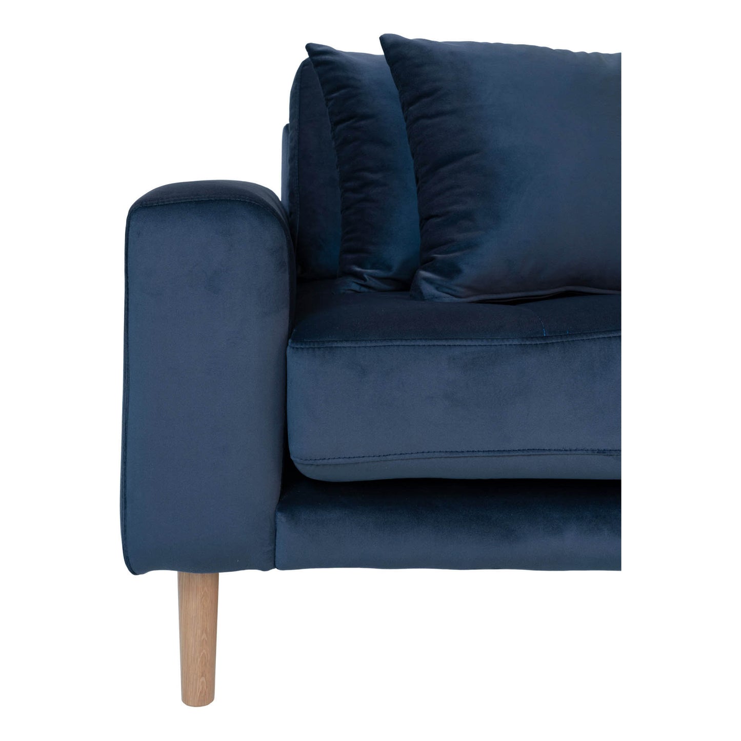 Lido Lounge Sofa - Lounge Sofa, Højrevendt I Mørkeblå Velour Med Fire Puder Og Natur Træben, Hn1005 ⎮ 5713917006595 ⎮ 1301183