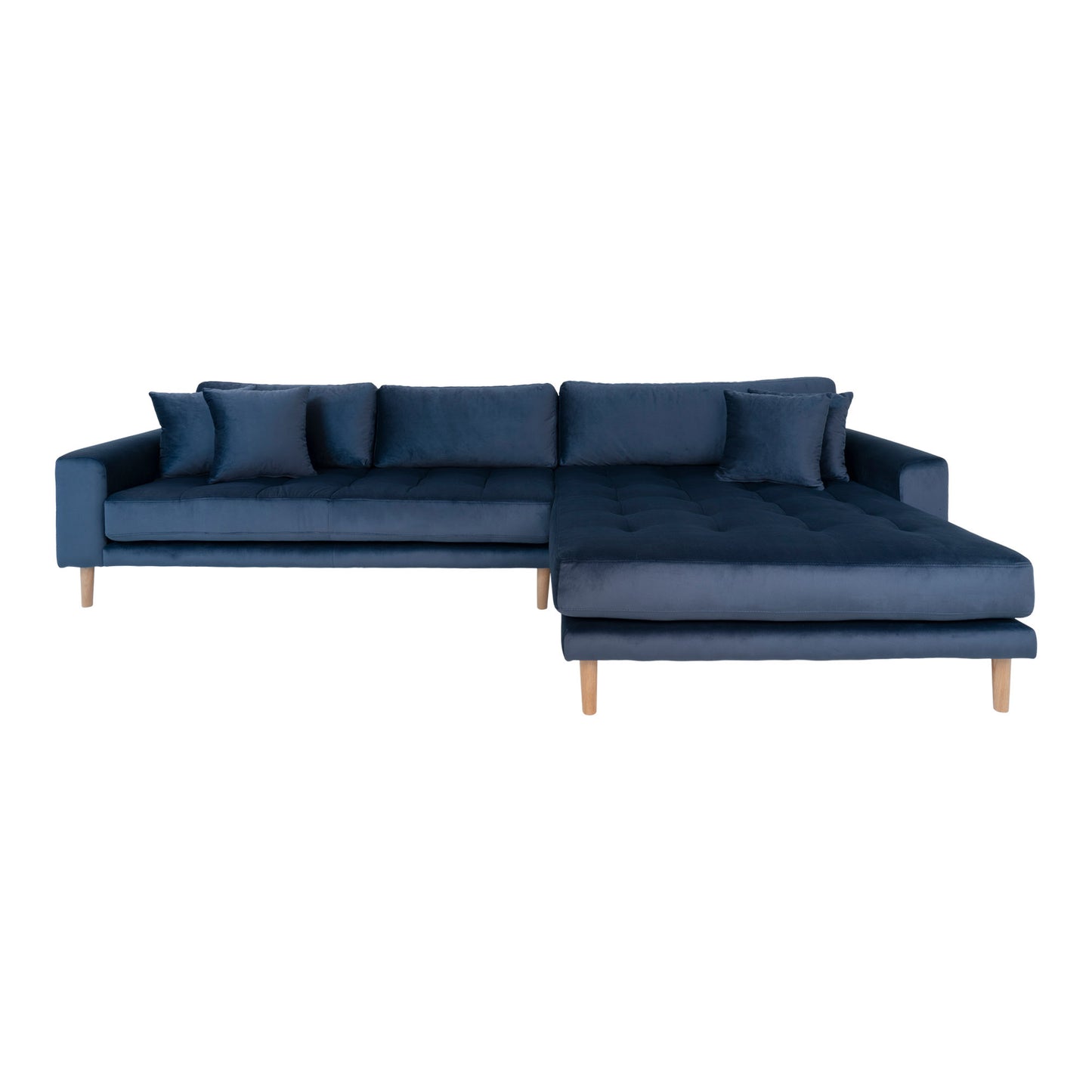 Lido Lounge Sofa - Lounge Sofa, Højrevendt I Mørkeblå Velour Med Fire Puder Og Natur Træben, Hn1005 ⎮ 5713917006595 ⎮ 1301183