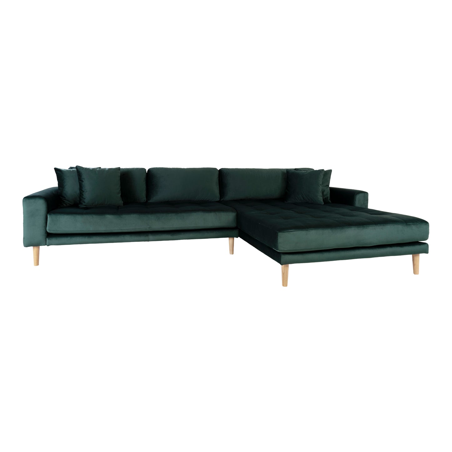 Lido Lounge Sofa - Lounge Sofa, Højrevendt I Mørkegrøn Velour Med Fire Puder Og Natur Træben, Hn1006 ⎮ 5713917009862 ⎮ 1301185