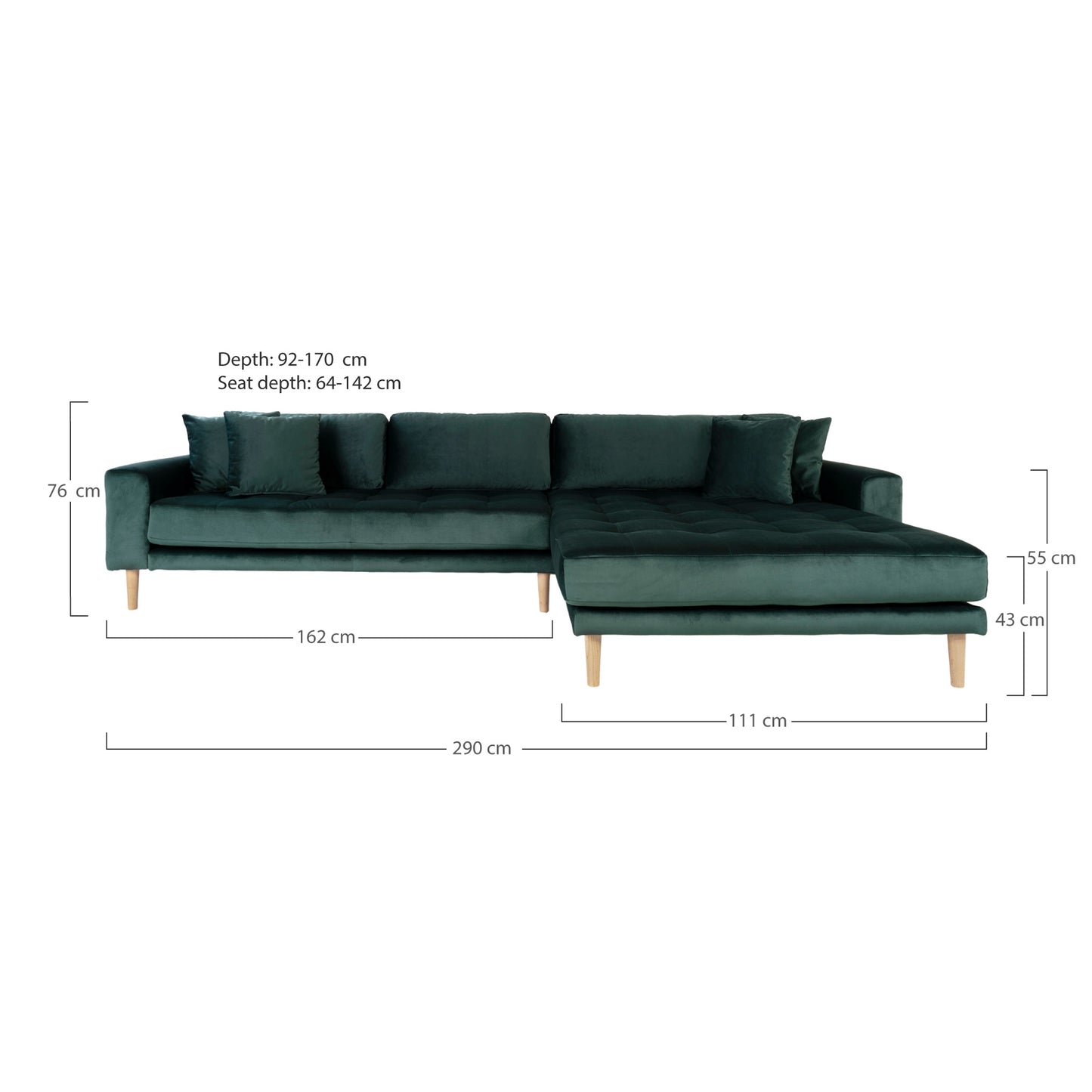 Lido Lounge Sofa - Lounge Sofa, Højrevendt I Mørkegrøn Velour Med Fire Puder Og Natur Træben, Hn1006 ⎮ 5713917009862 ⎮ 1301185