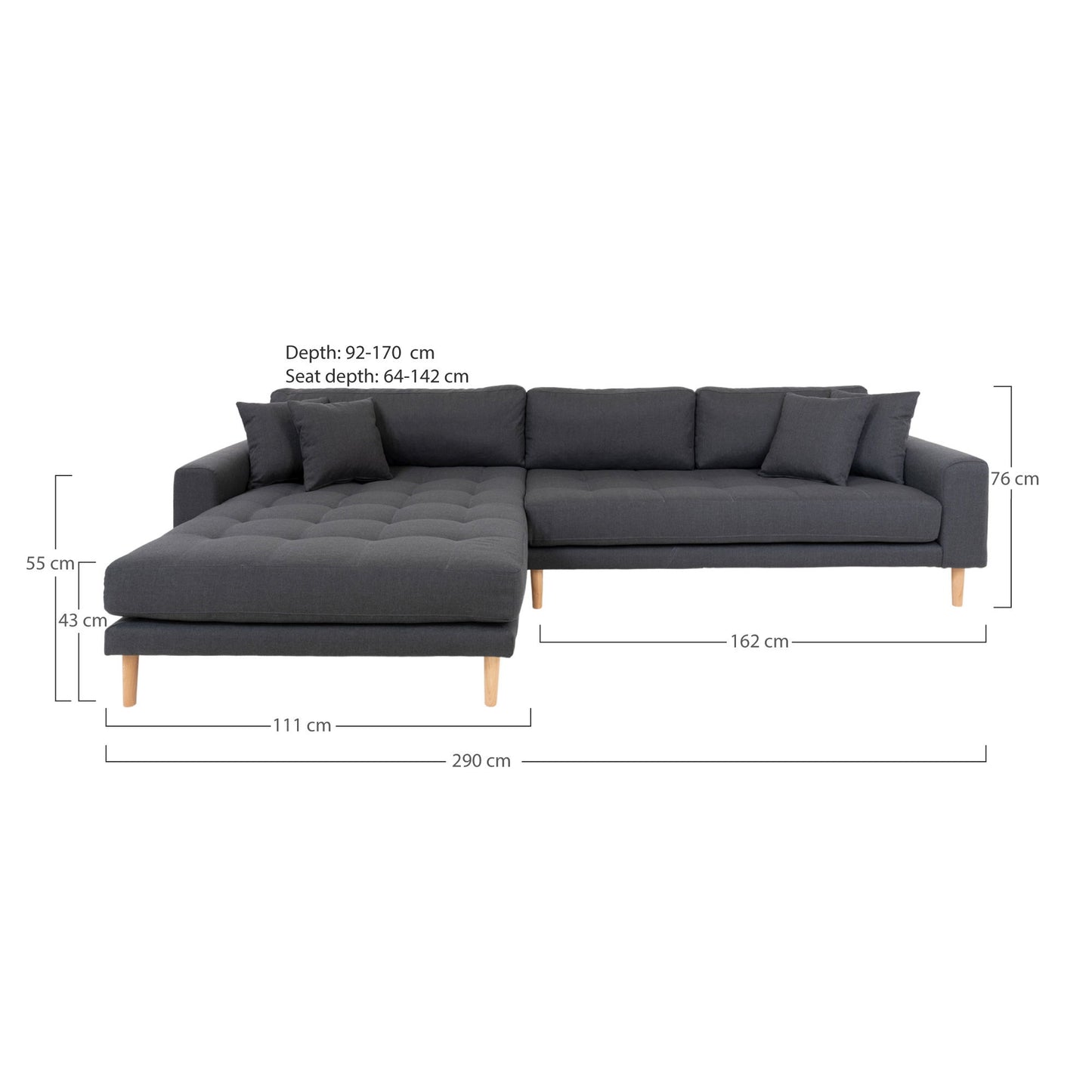 Lido Lounge Sofa - Lounge Sofa, Venstrevendt I Mørkegrå Med Fire Puder Og Natur Træben, Hn1002 - Erstates Af 1301603 ⎮ 5713917006618 ⎮ 1301190