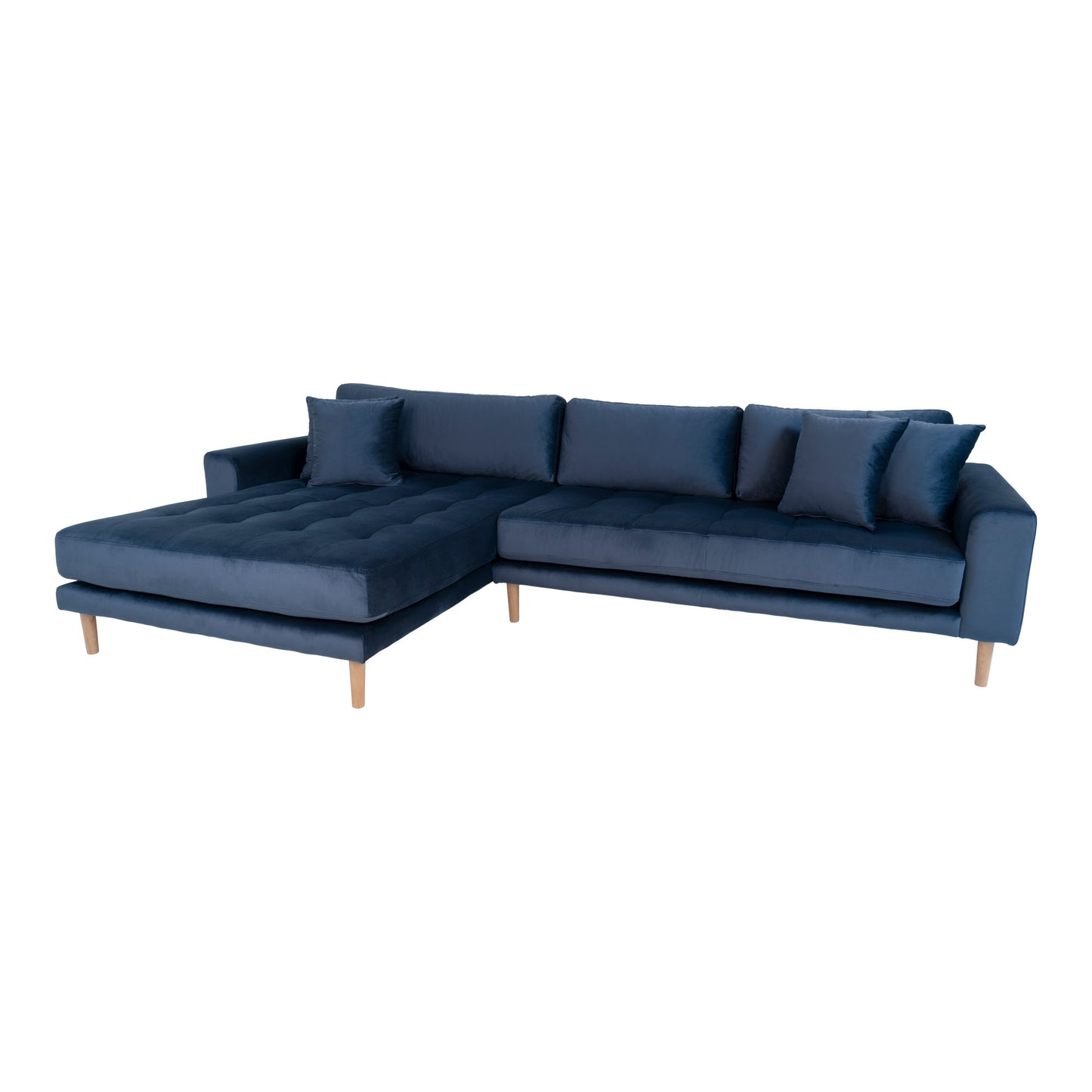 Lido Lounge Sofa - Lounge Sofa, Venstrevendt I Mørkeblå Velour Med Fire Puder Og Natur Træben, Hn1005 ⎮ 5713917006649 ⎮ 1301193
