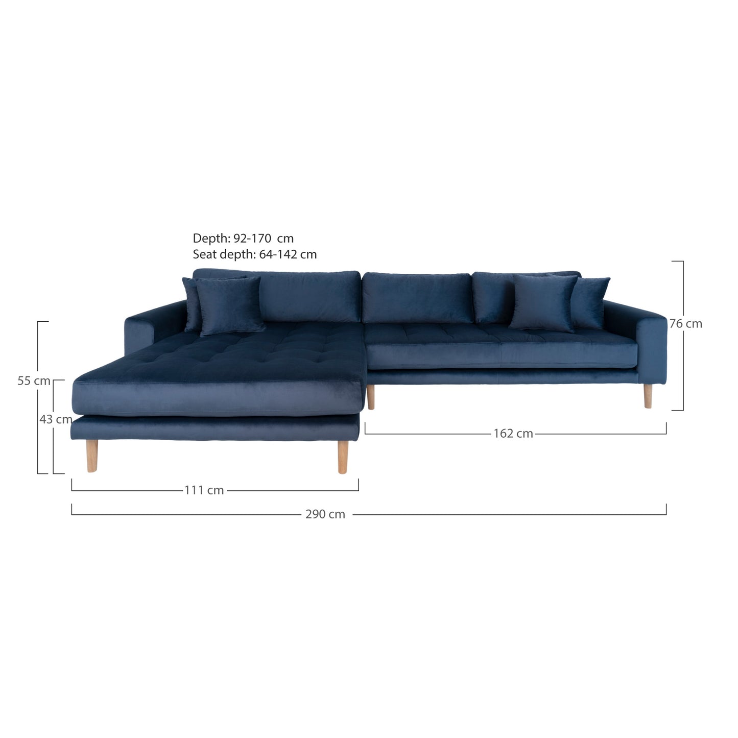Lido Lounge Sofa - Lounge Sofa, Venstrevendt I Mørkeblå Velour Med Fire Puder Og Natur Træben, Hn1005 ⎮ 5713917006649 ⎮ 1301193