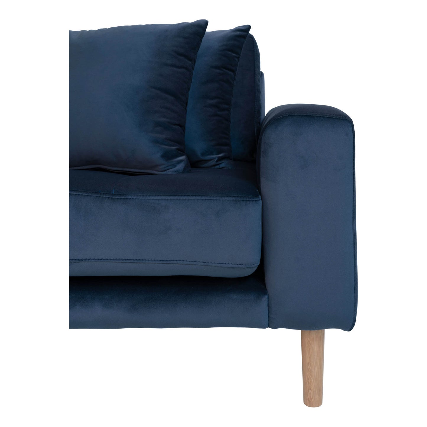 Lido Lounge Sofa - Lounge Sofa, Venstrevendt I Mørkeblå Velour Med Fire Puder Og Natur Træben, Hn1005 ⎮ 5713917006649 ⎮ 1301193