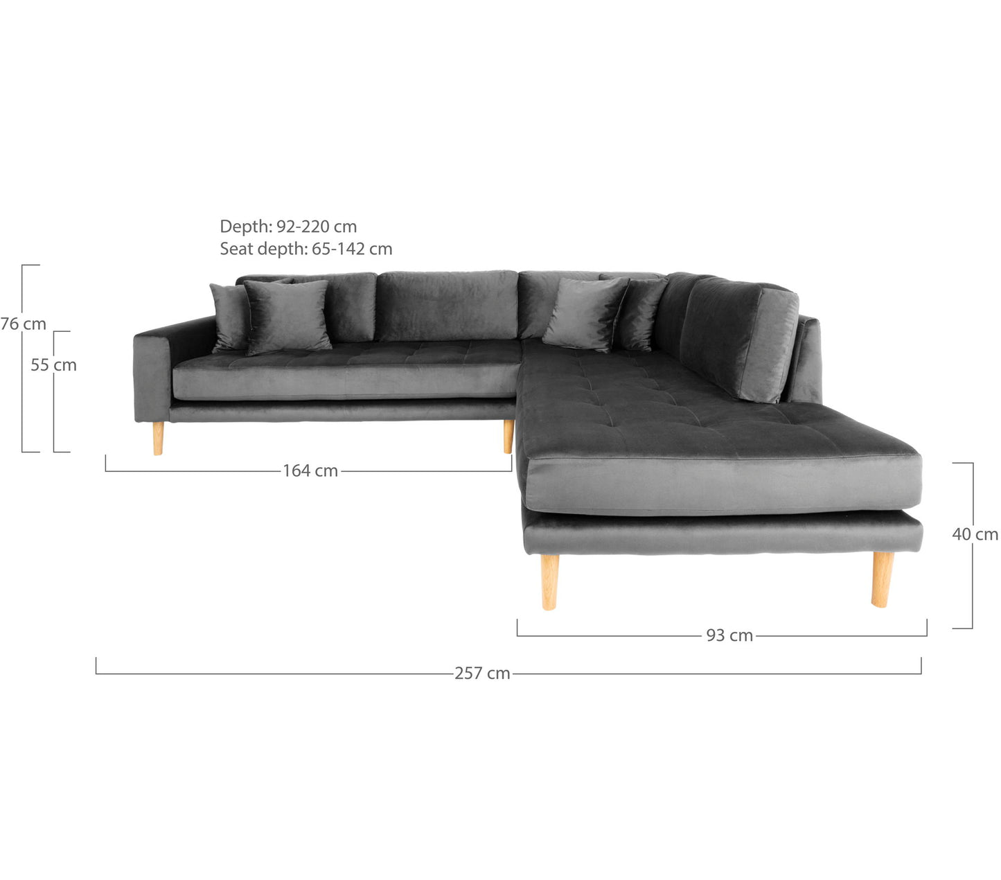 Lido Hjørnesofa Åben Ende - Hjørnesofa Åben Ende, Højrevendt I Mørkegrå Velour Med Fire Puder Og Natur Træben Hn1013 ⎮ 5713917023622 ⎮ 1301409