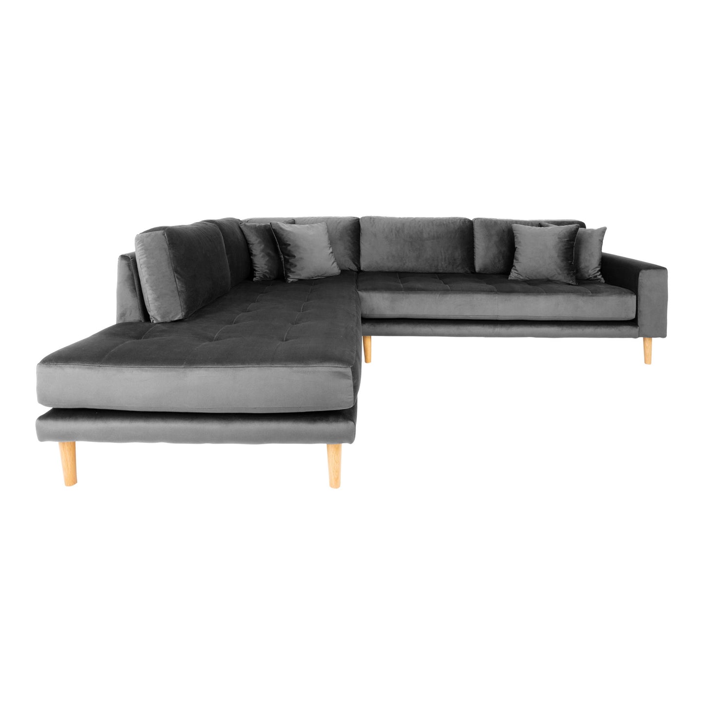 Lido Hjørnesofa Åben Ende - Hjørnesofa Åben Ende, Venstrevendt I Mørkegrå Velour Med Fire Puder Og Natur Træben Hn1013 ⎮ 5713917023646 ⎮ 1301419