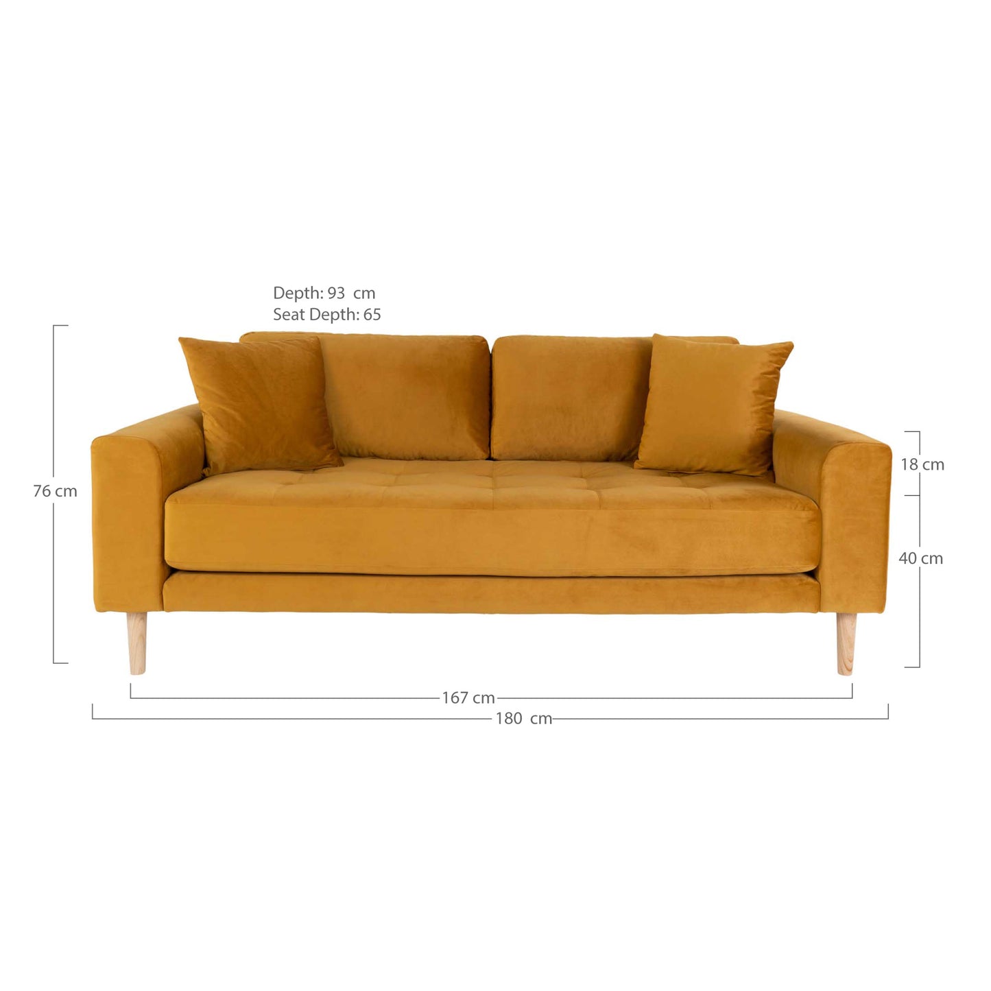 Lido 2,5 Personers Sofa - 2,5 Personers Sofa, Sennepsgul Velour Med To Puder Og Natur Træben Hn1004 ⎮ 5713917010059 ⎮ 1301434