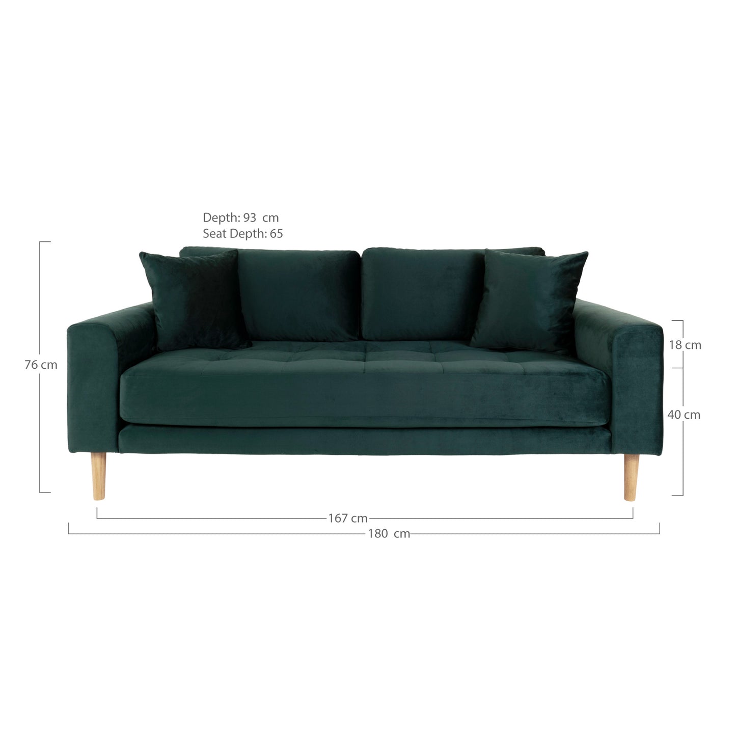 Lido 2,5 Personers Sofa - 2,5 Personers Sofa, Mørkegrøn Velour Med To Puder Og Natur Træben Hn1006 ⎮ 5713917010066 ⎮ 1301435