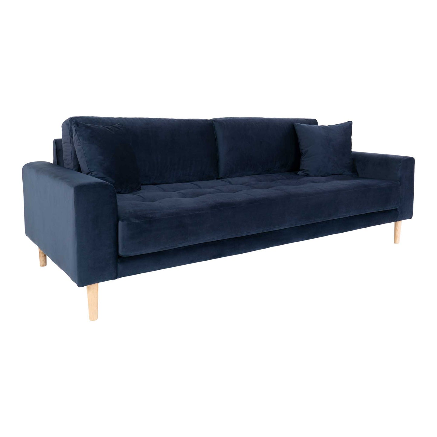 Lido 3 Personers Sofa - 3 Personers Sofa, Mørkeblå Velour Med To Puder Og Natur Træben, Hn1005 ⎮ 5713917010103 ⎮ 1301443