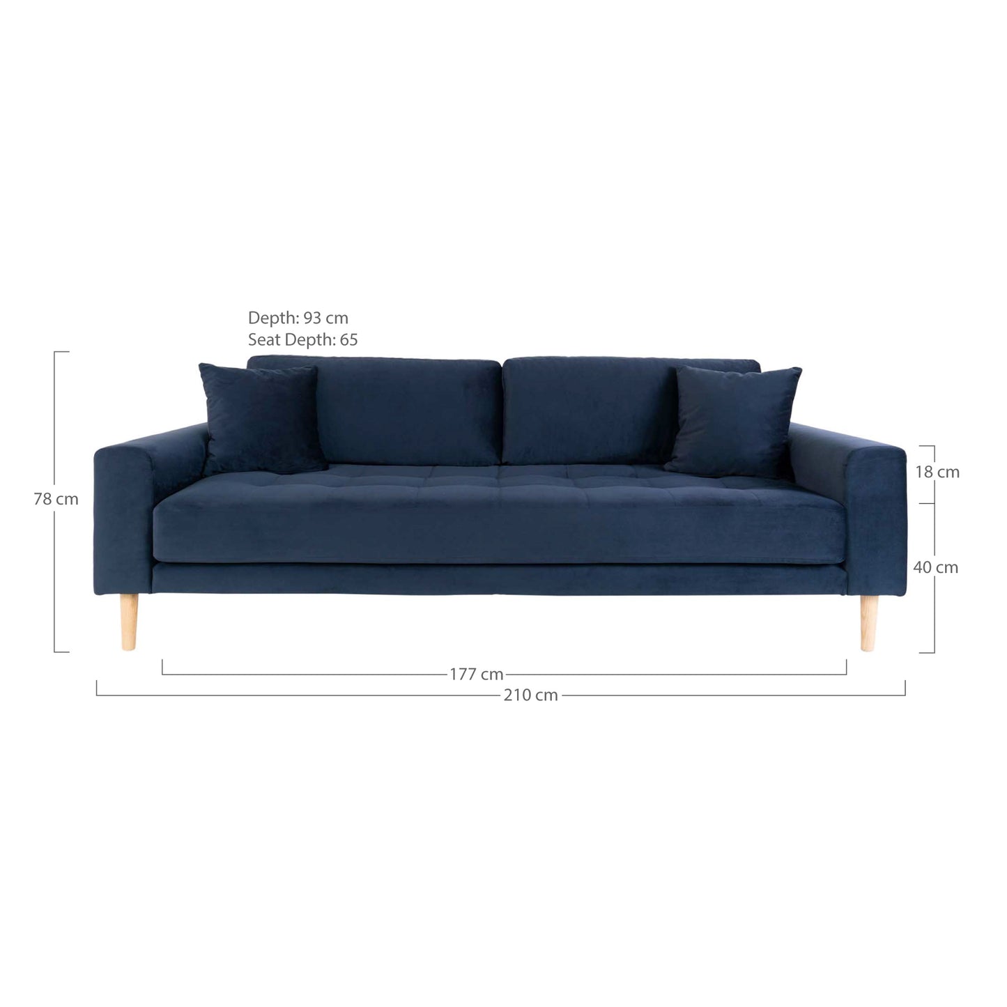 Lido 3 Personers Sofa - 3 Personers Sofa, Mørkeblå Velour Med To Puder Og Natur Træben Hn1005 ⎮ 5713917010103 ⎮ 1301443