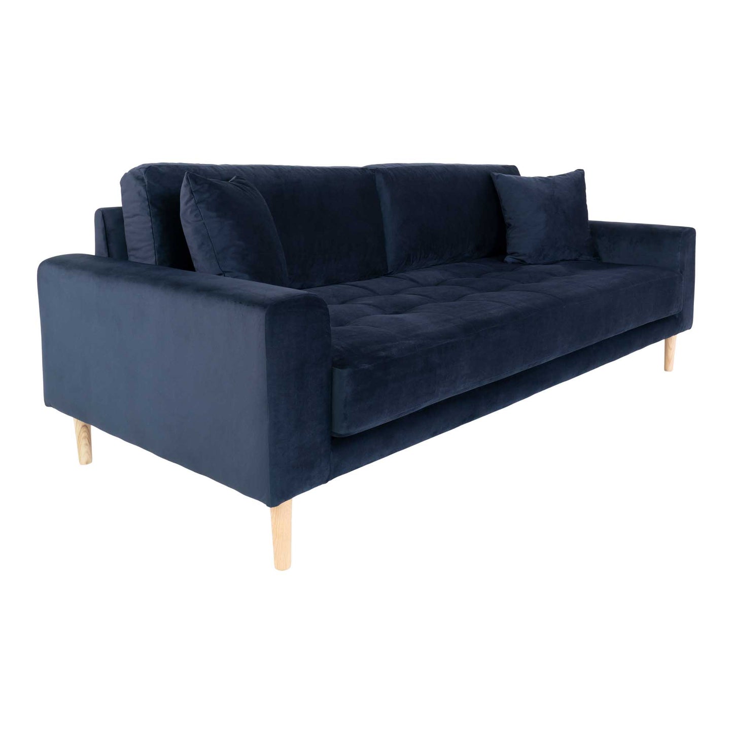Lido 3 Personers Sofa - 3 Personers Sofa, Mørkeblå Velour Med To Puder Og Natur Træben, Hn1005 ⎮ 5713917010103 ⎮ 1301443