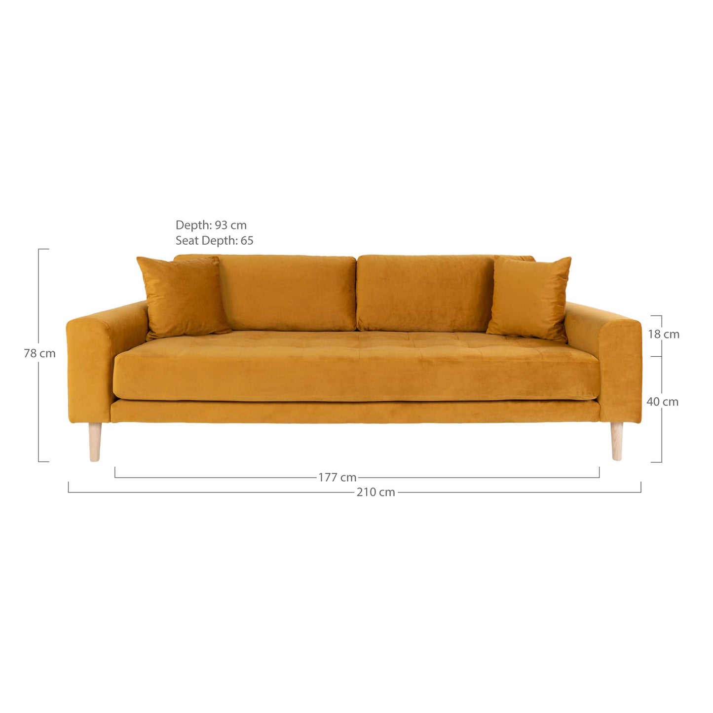 Lido 3 Personers Sofa - 3 Personers Sofa, Sennepsgul Velour Med To Puder Og Natur Træben Hn1004 ⎮ 5713917010110 ⎮ 1301444