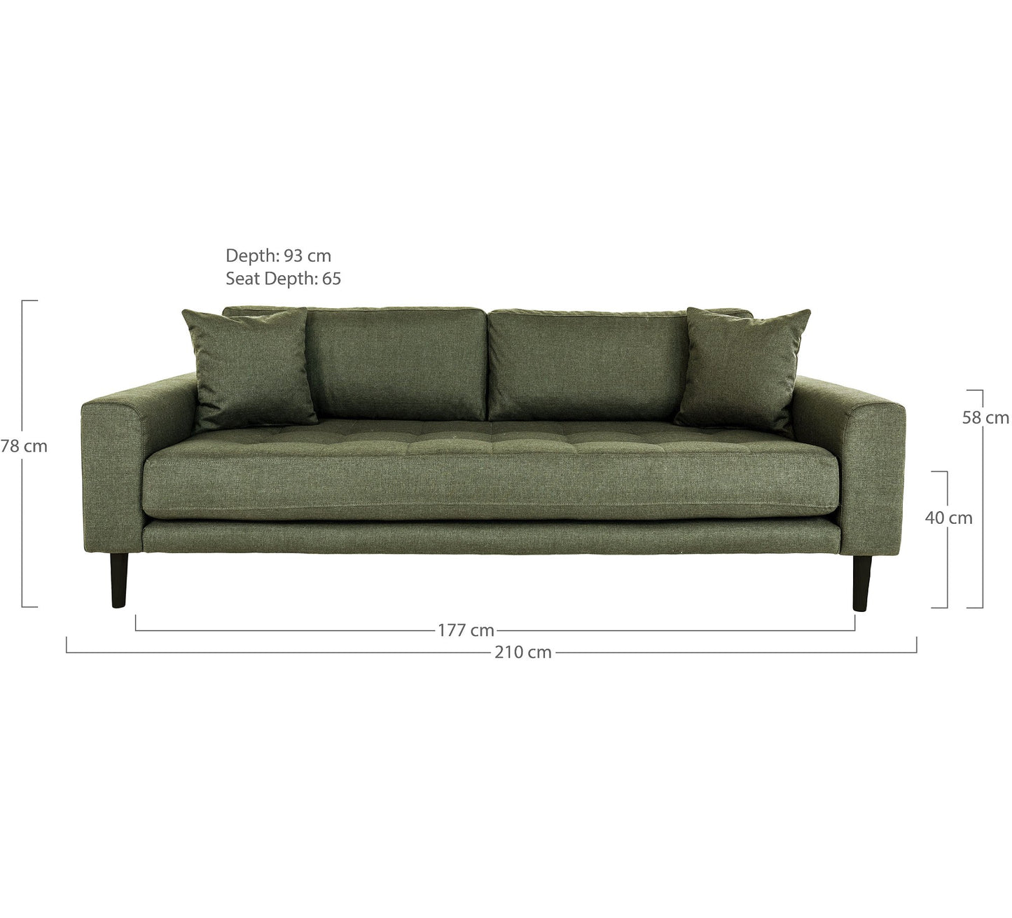 Lido 3 Personers Sofa - 3 Personers Sofa, Olivengrøn Med To Puder Og Sorte Træbnen, Hn1020 ⎮ 5713917021079 ⎮ 1301446