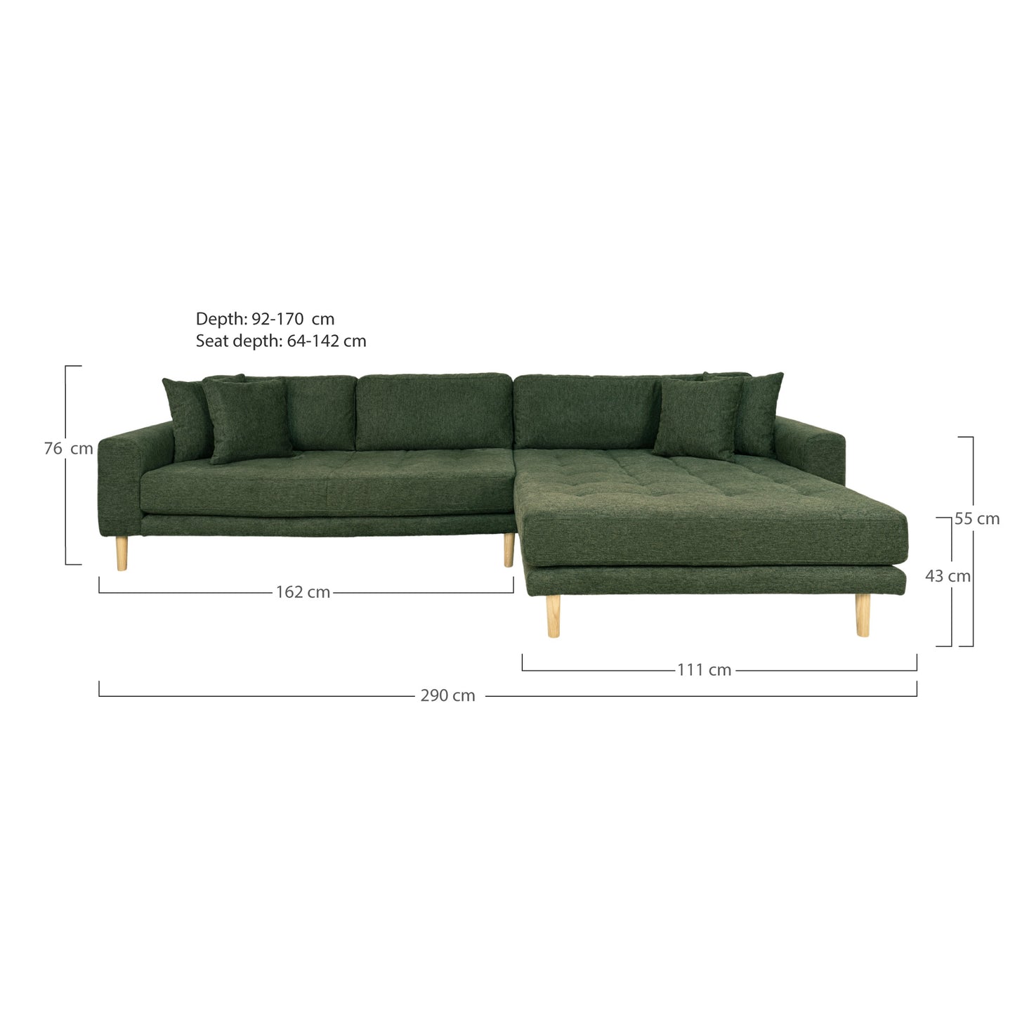 Lido Lounge Sofa - Lounge Sofa, Højrevendt I Olivengrøn Med Fire Puder Og Sorte Træben, Hn1020 ⎮ 5713917018796 ⎮ 1301480