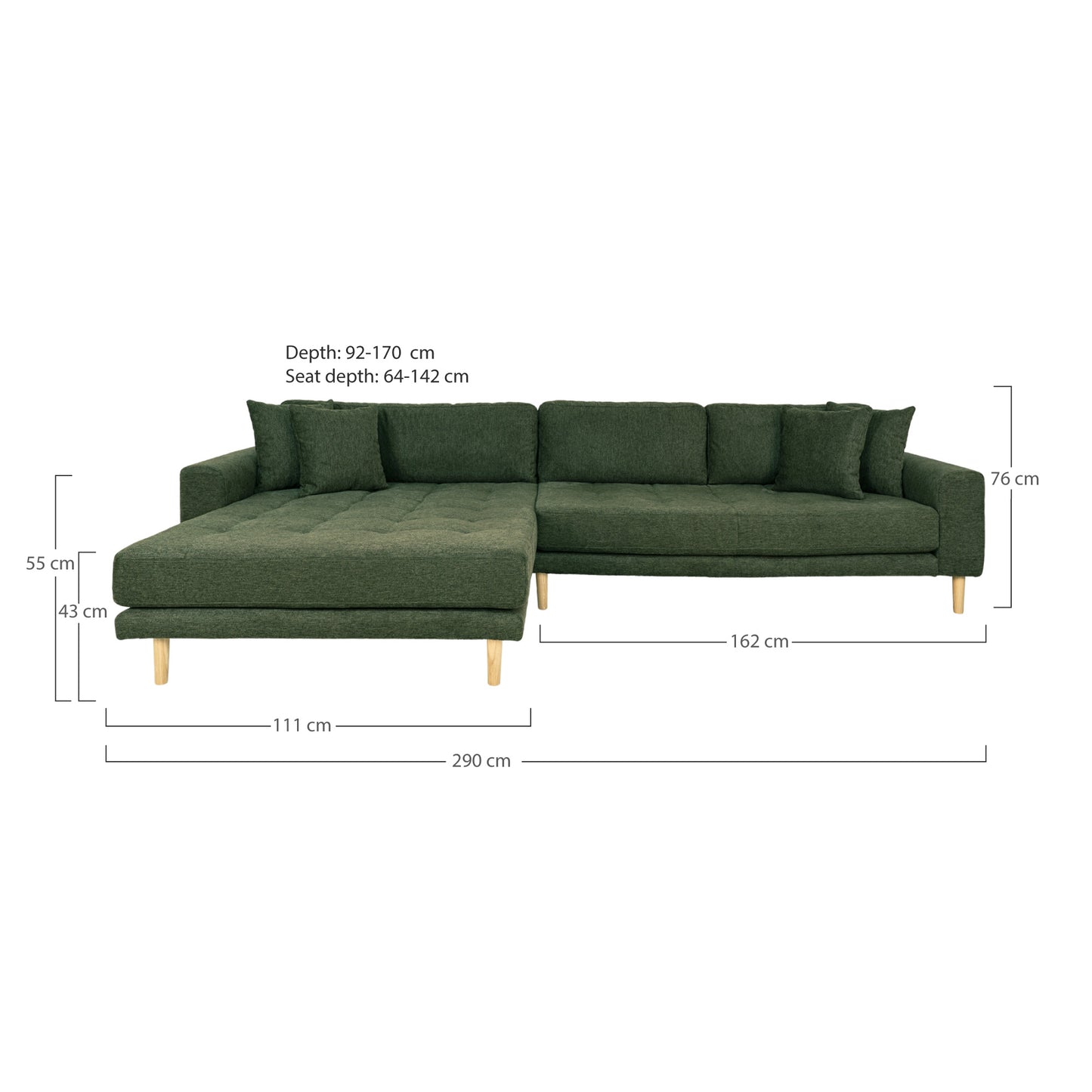 Lido Lounge Sofa - Lounge Sofa, Venstrevendt I Olivengrøn Med Fire Puder Og Sorte Træben, Hn1020 ⎮ 5713917018833 ⎮ 1301485
