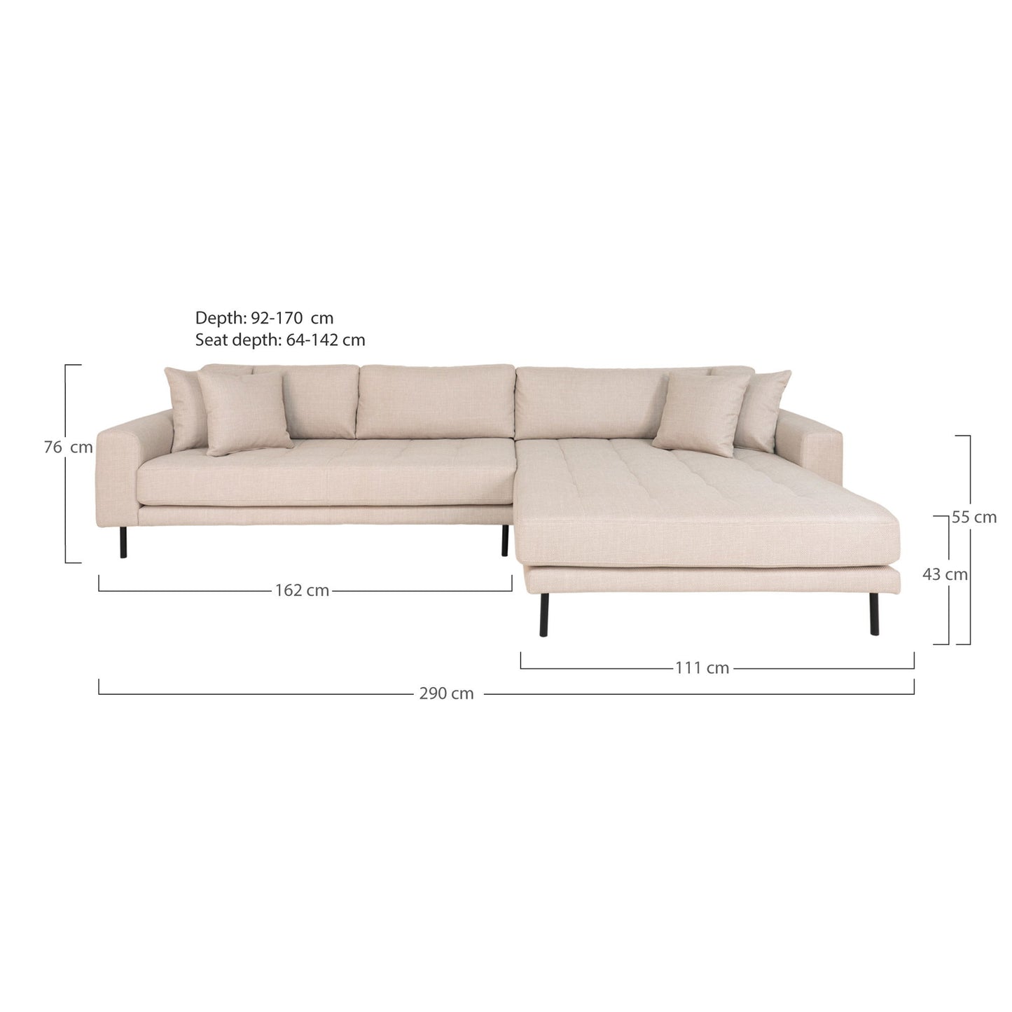 Lido Lounge Sofa - Lounge Sofa, Højrevendt I Beige Med Fire Puder Og Sorte Stål Ben, Hn1025 ⎮ 5713917019250 ⎮ 1301490