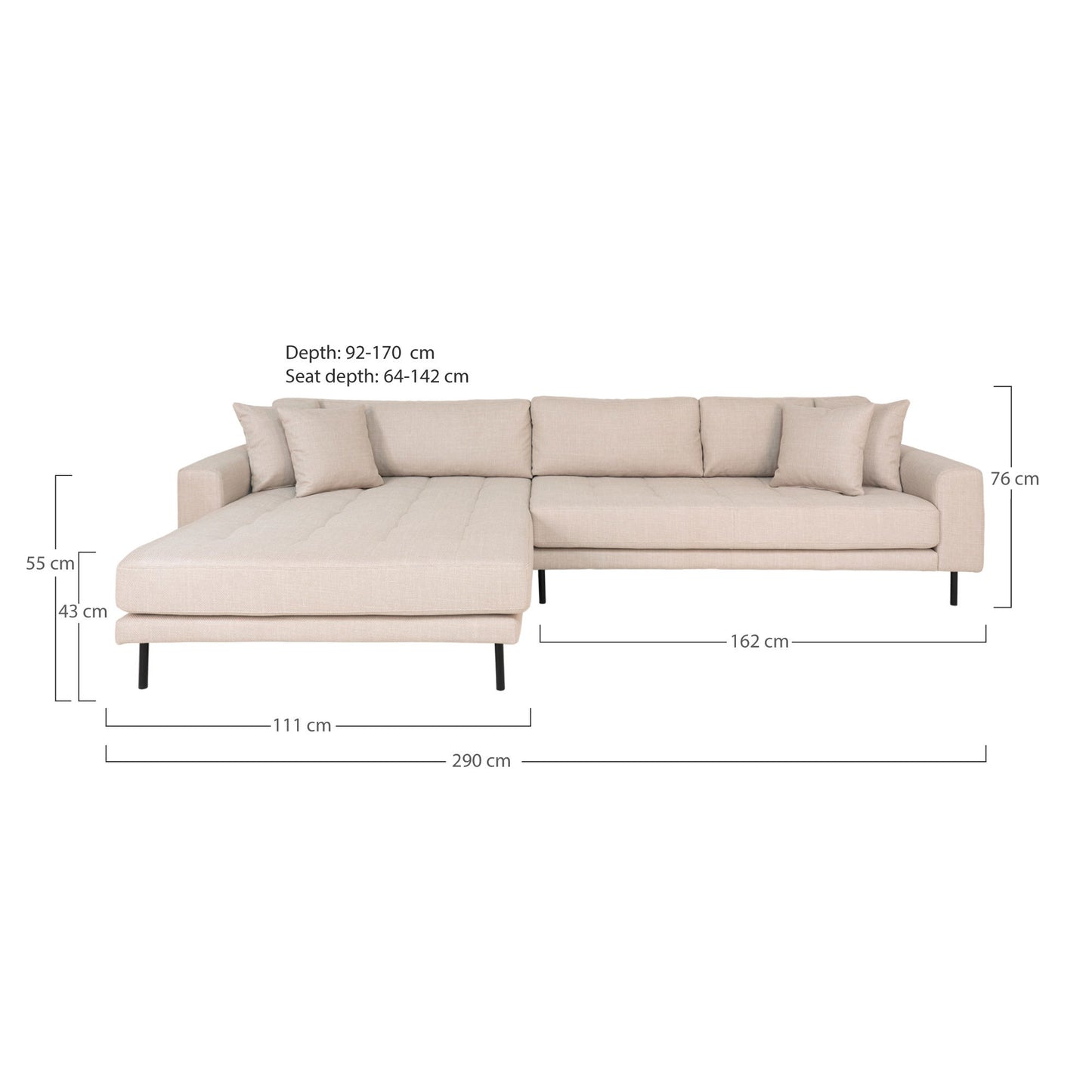 Lido Lounge Sofa - Lounge Sofa, Venstrevendt I Beige Med Fire Puder Og Sorte Stål Ben, Hn1025 ⎮ 5713917018819 ⎮ 1301495