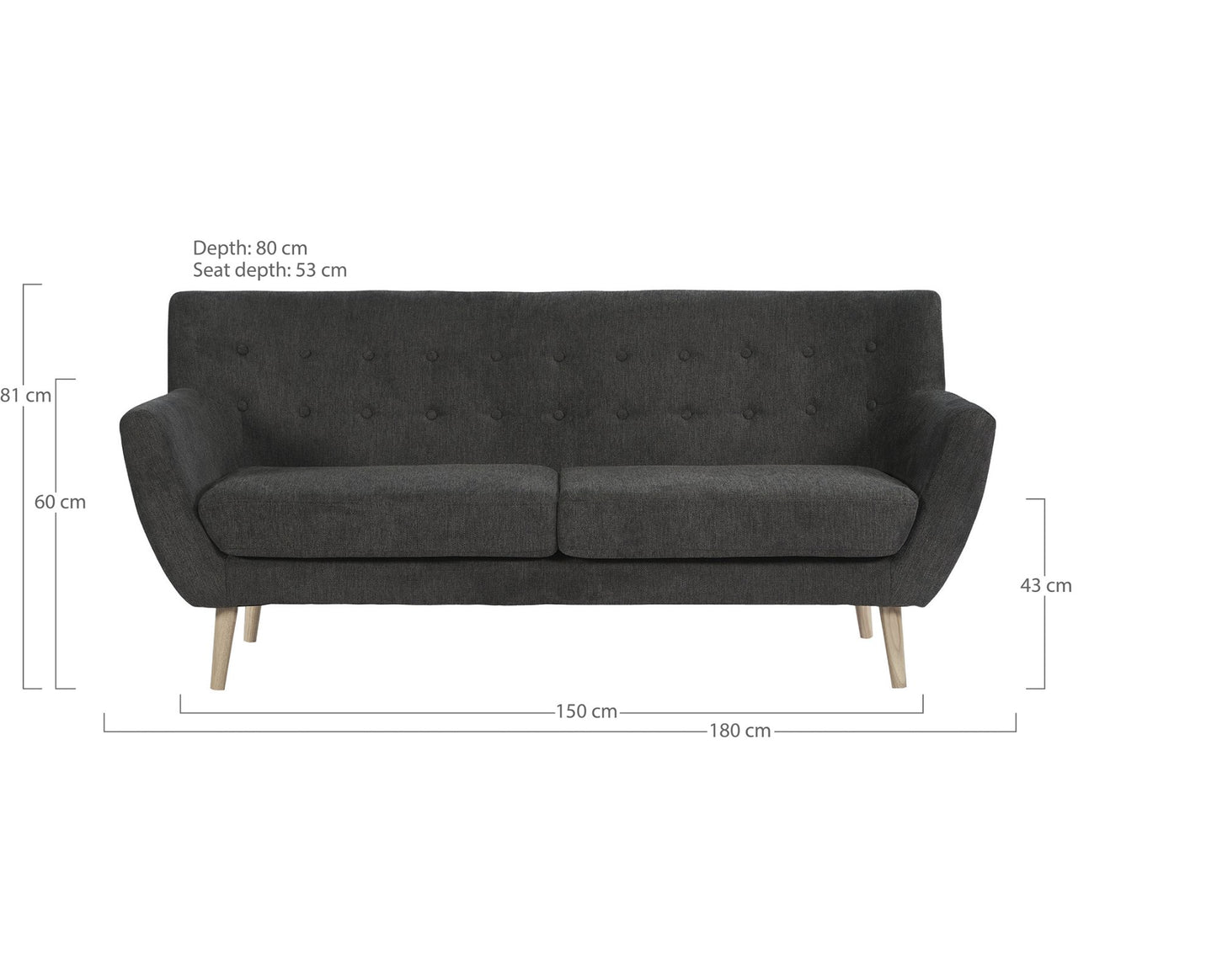 Monte 3 Personers Sofa - 3 Personers Sofa, Mørkegrå Med Natur Træben, Hn1045 ⎮ 5713917026562 ⎮ 1301537