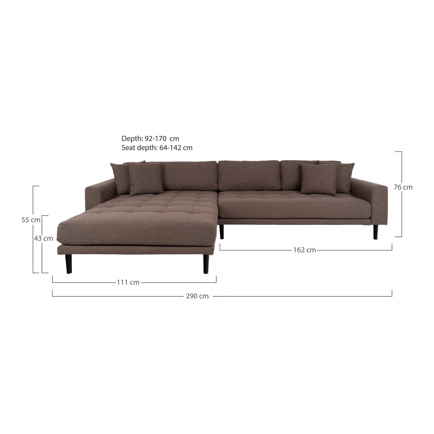 Lido Lounge Sofa - Lounge Sofa, Venstrevendt I Brun Med Fire Puder Og Sorte Træben, Hn1055 ⎮ 5713917025923 ⎮ 1301609