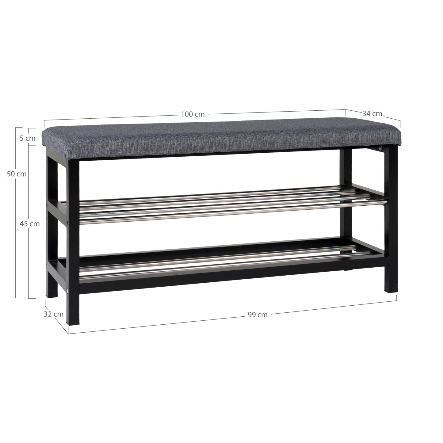 Padova Bænk - Bænk Med Hynde Og 2 Hylder, Grå, Sorte Ben, 100X34X50 Cm ⎮ 5713917002351 ⎮ 1401090
