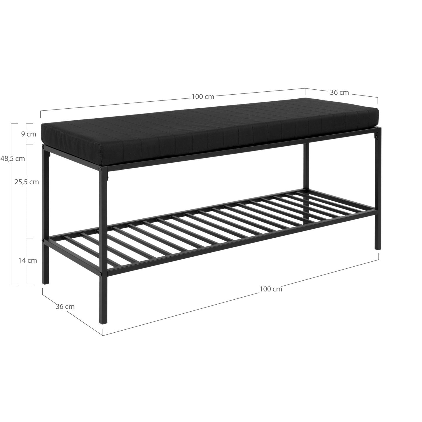 Vita Bænk - Bænk Med Hylde Og Hynde, Sort Med Sorte Ben, 100X36X48,5 Cm ⎮ 5713917008919 ⎮ 1401250