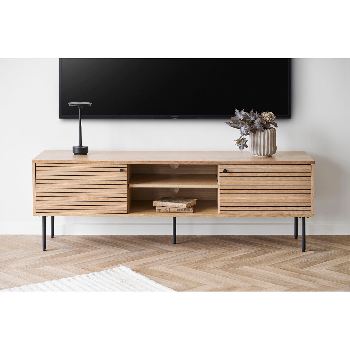 Kyoto Tv-Bænk - Tv-Bænk, 2 Låger, 2 Hylder, Egefiner, Natur, Sorte Metalben 150X40X50 Cm ⎮ 5713917032372 ⎮ 2502010