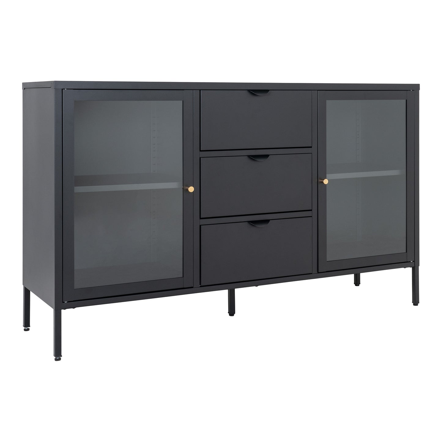 Dalby Skænk - Skænk, 2 Glaslåger, 3 Skuffer, Stål, Sort 140X40X85 Cm ⎮ 5713917022724 ⎮ 3001056