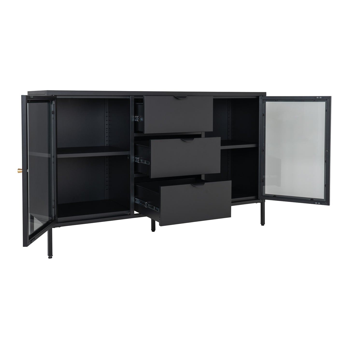 Dalby Skænk - Skænk, 2 Glaslåger, 3 Skuffer, Stål, Sort 140X40X85 Cm ⎮ 5713917022724 ⎮ 3001056