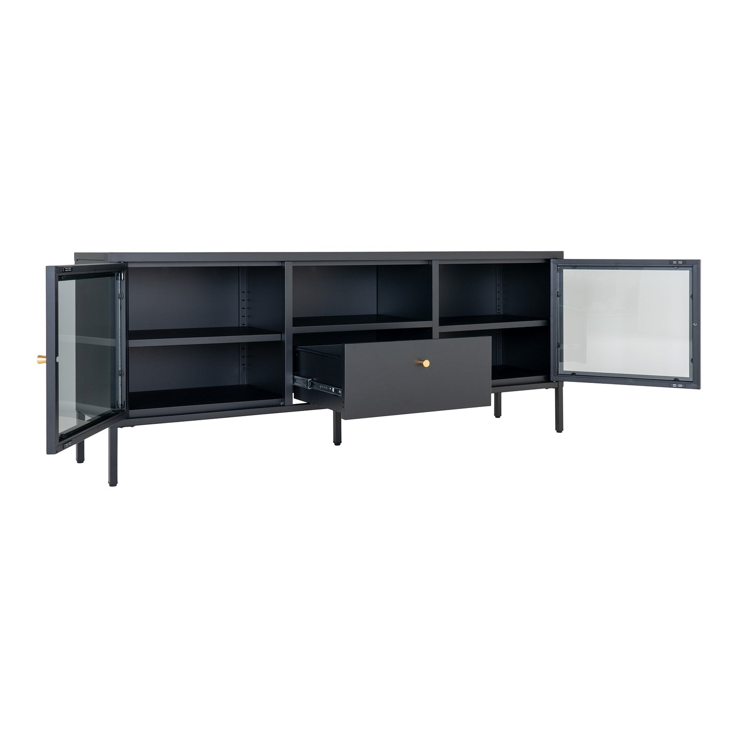 Dalby Tv-Bænk - Tv-Bænk, 2 Glaslåger, 1 Skuffe, Stål, Sort 150X35X60 ⎮ 5713917022762 ⎮ 3001215