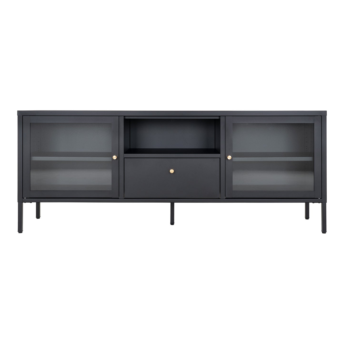 Dalby Tv-Bænk - Tv-Bænk, 2 Glaslåger, 1 Skuffe, Stål, Sort 150X35X60 ⎮ 5713917022762 ⎮ 3001215