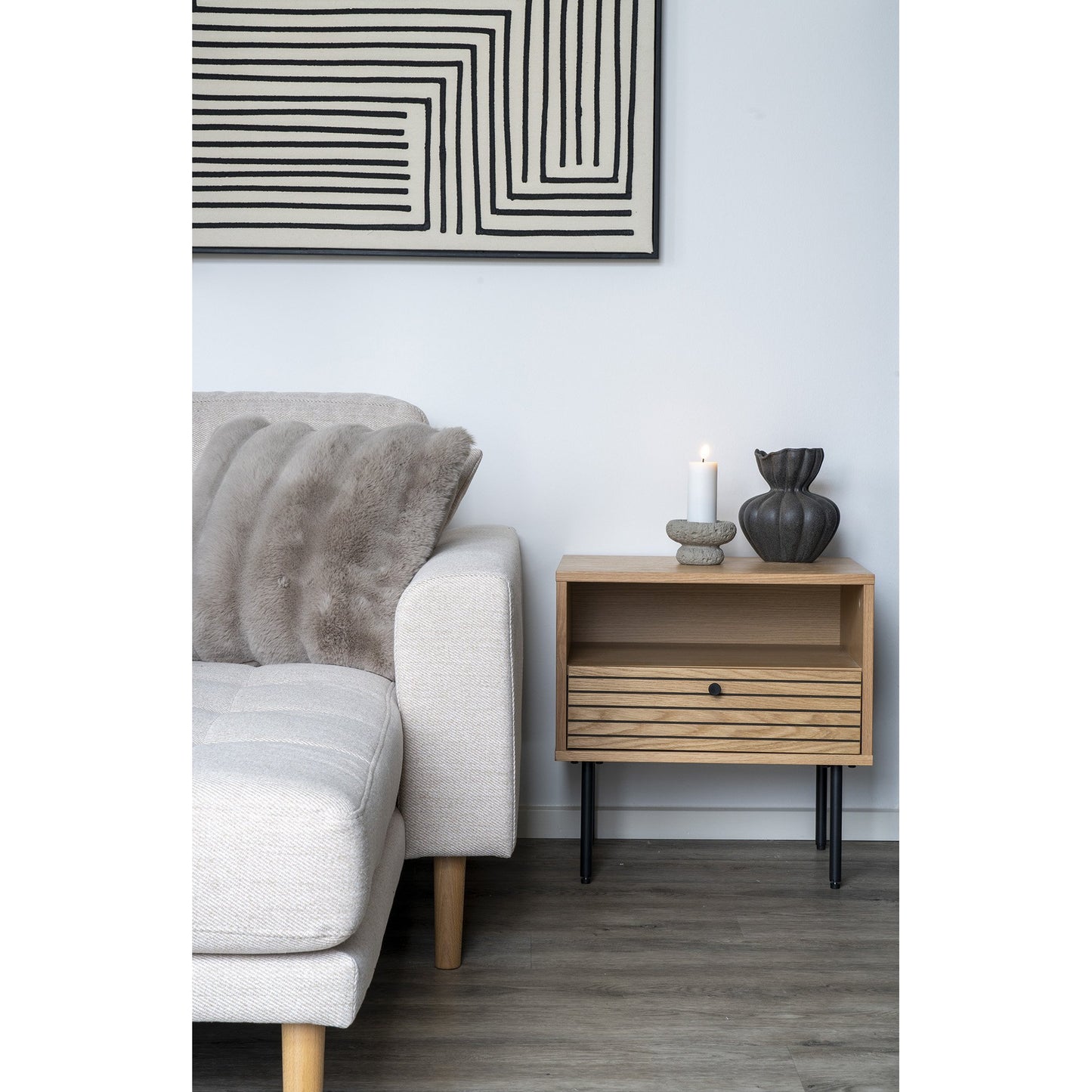 Kyoto Hjørnebord - Hjørnebord, 1 Skuffe, Egefiner, Natur, Sorte Metalben 50X40X50 Cm ⎮ 5713917027637 ⎮ 3701000