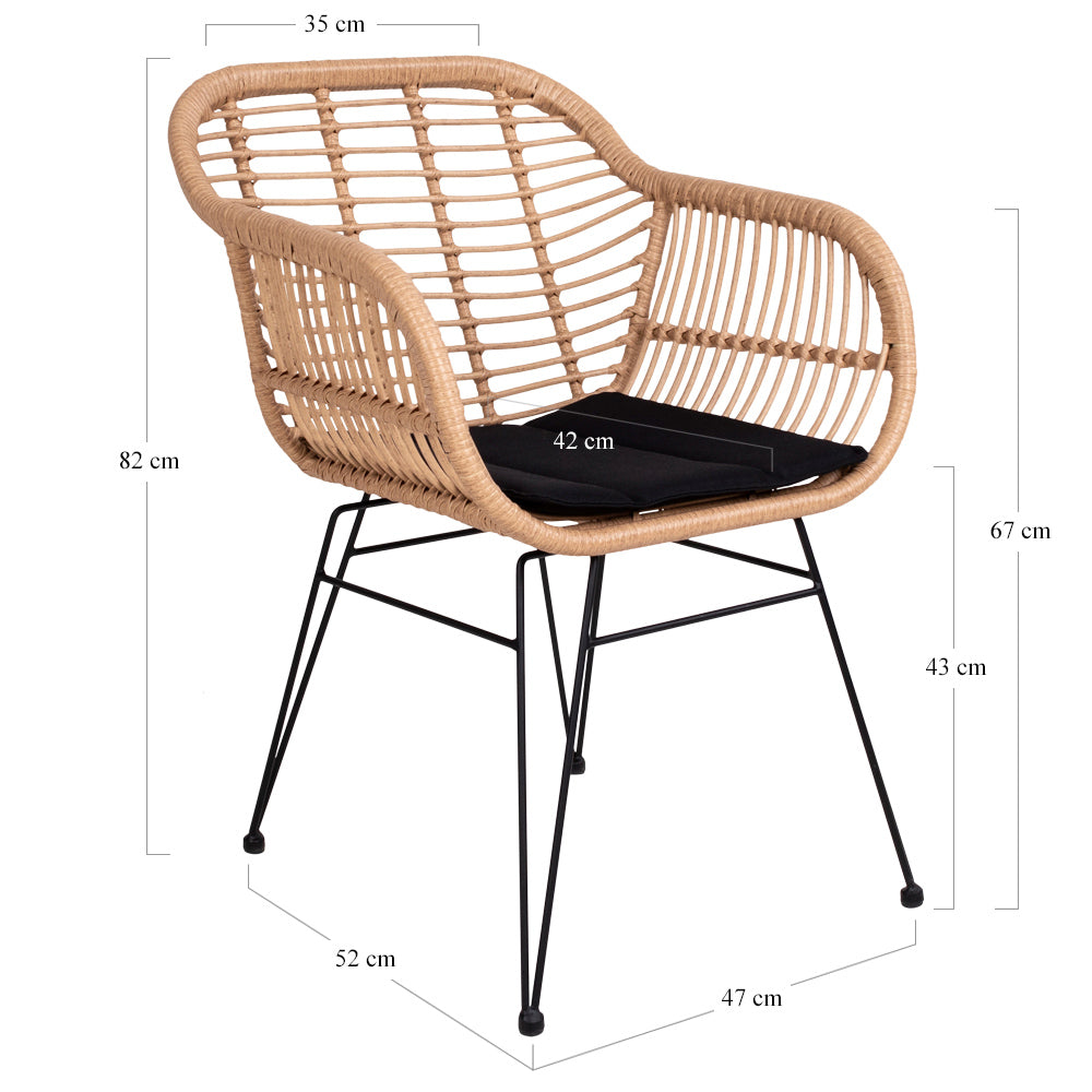 Trieste Stol - Stol I Polyrattan Med Hynde, Natur Med Sorte Ben ⎮ Sæt af 2 stk. ⎮ 5713917006762 ⎮ 7001050