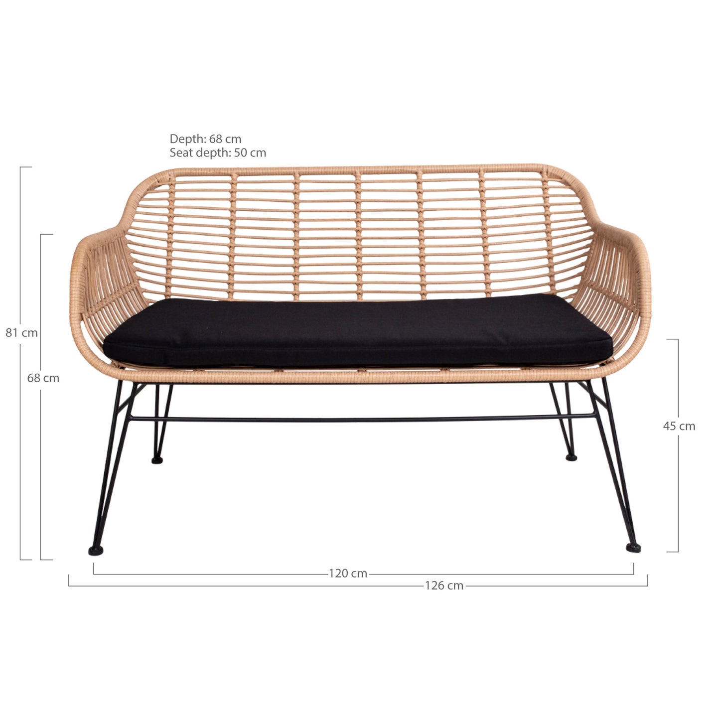 Trieste Sofa - Sofa I Polyrattan Med Hynde, Natur Med Sorte Ben ⎮ 5713917006786 ⎮ 7051010