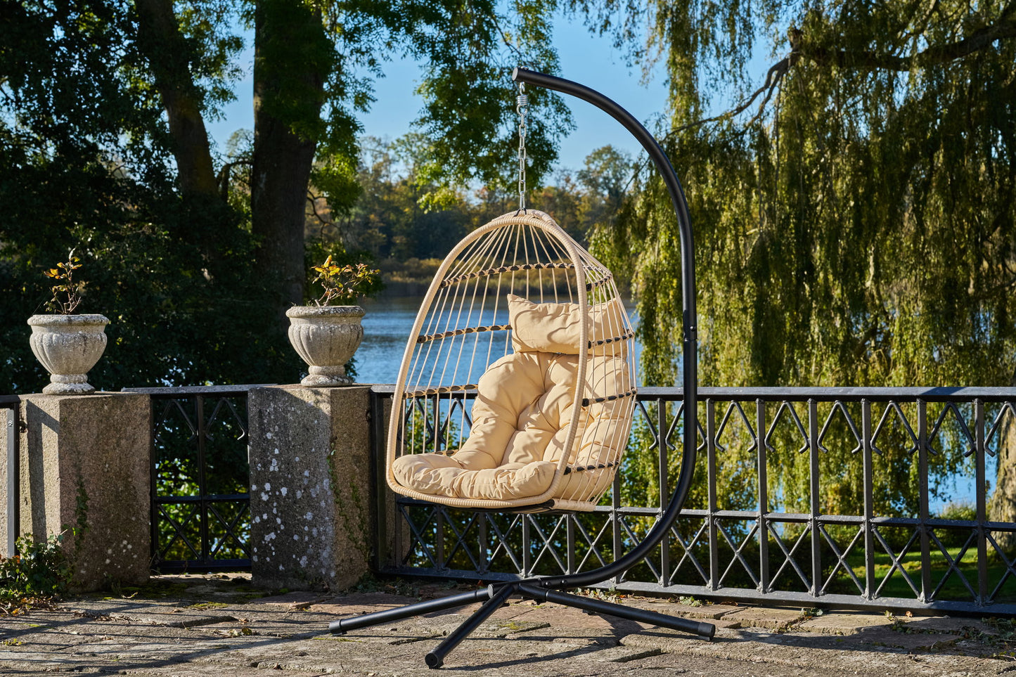 Patras Hængestol - Hængestol, Stål Stativ, Foldbar Sæde, Incl.Hynder, Natur/Sort 195X117X107 Cm ⎮ 5713917034413 ⎮ 7801151