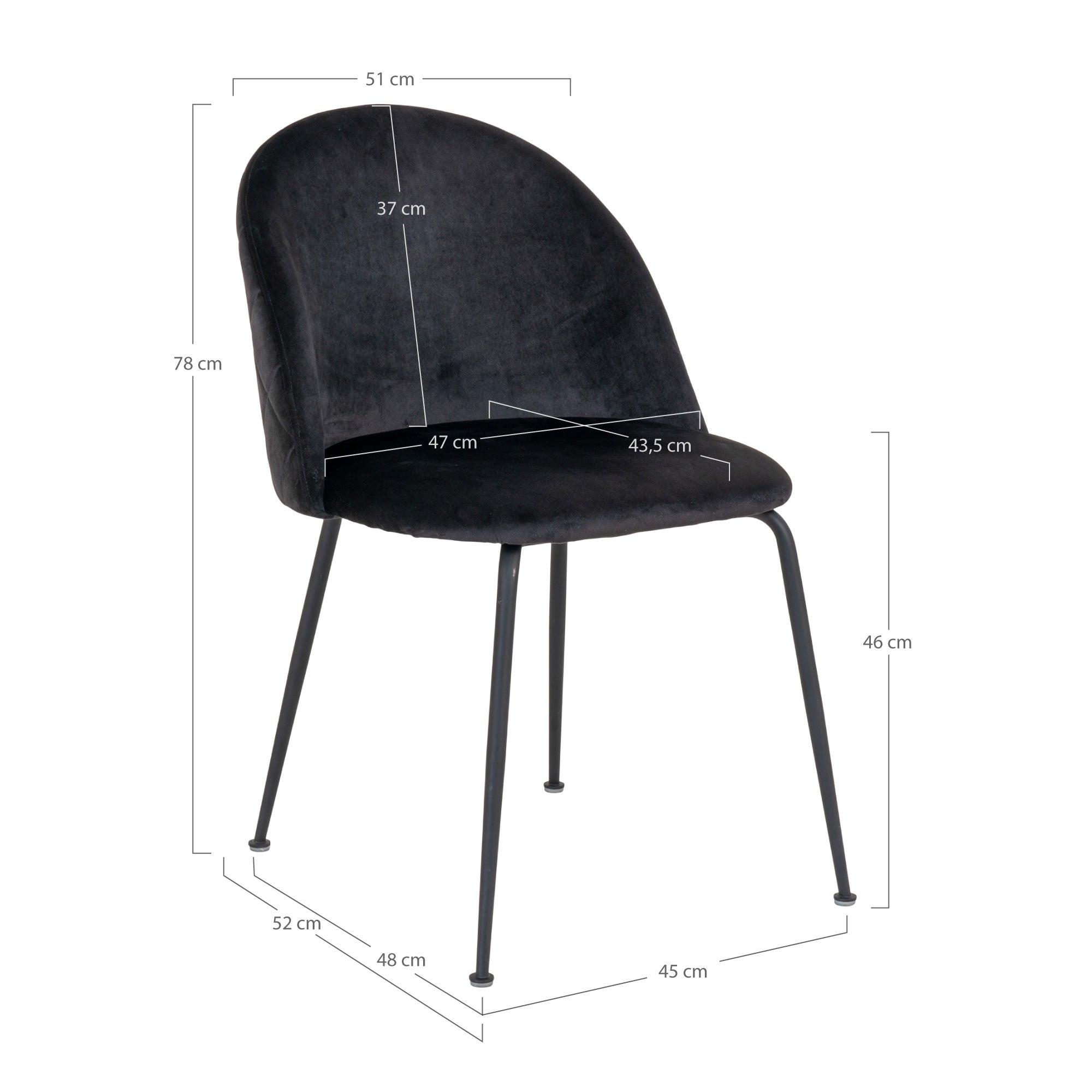 Geneve Spisebordsstol - Spisebordsstol I Velour, Sort Med Sorte Ben, Hn1207 ⎮ Sæt af 2 stk. ⎮ 5713917017270 ⎮ 1001258 