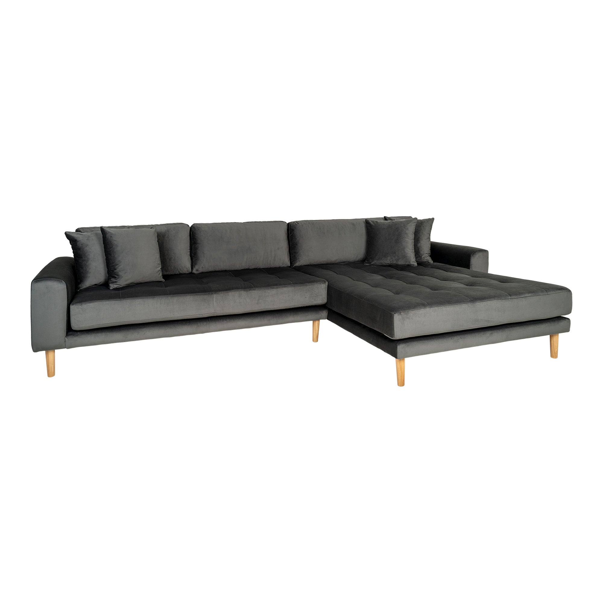 Lido Lounge Sofa - Lounge Sofa, Højrevendt I Mørkegrå Velour Med Fire Puder Og Natur Træben, Hn1013 ⎮ 5713917010752 ⎮ 1301186 