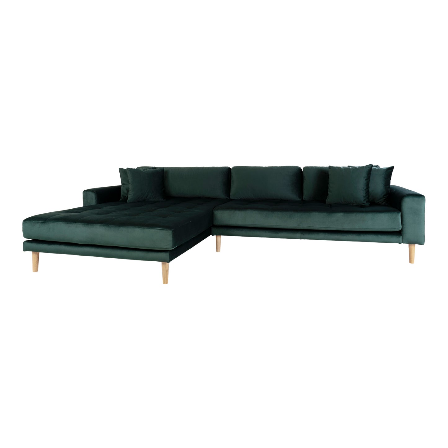 Lido Lounge Sofa - Lounge Sofa, Venstrevendt I Mørkegrøn Velour Med Fire Puder Og Natur Træben,  Hn1006 ⎮ 5713917009886 ⎮ 1301195 