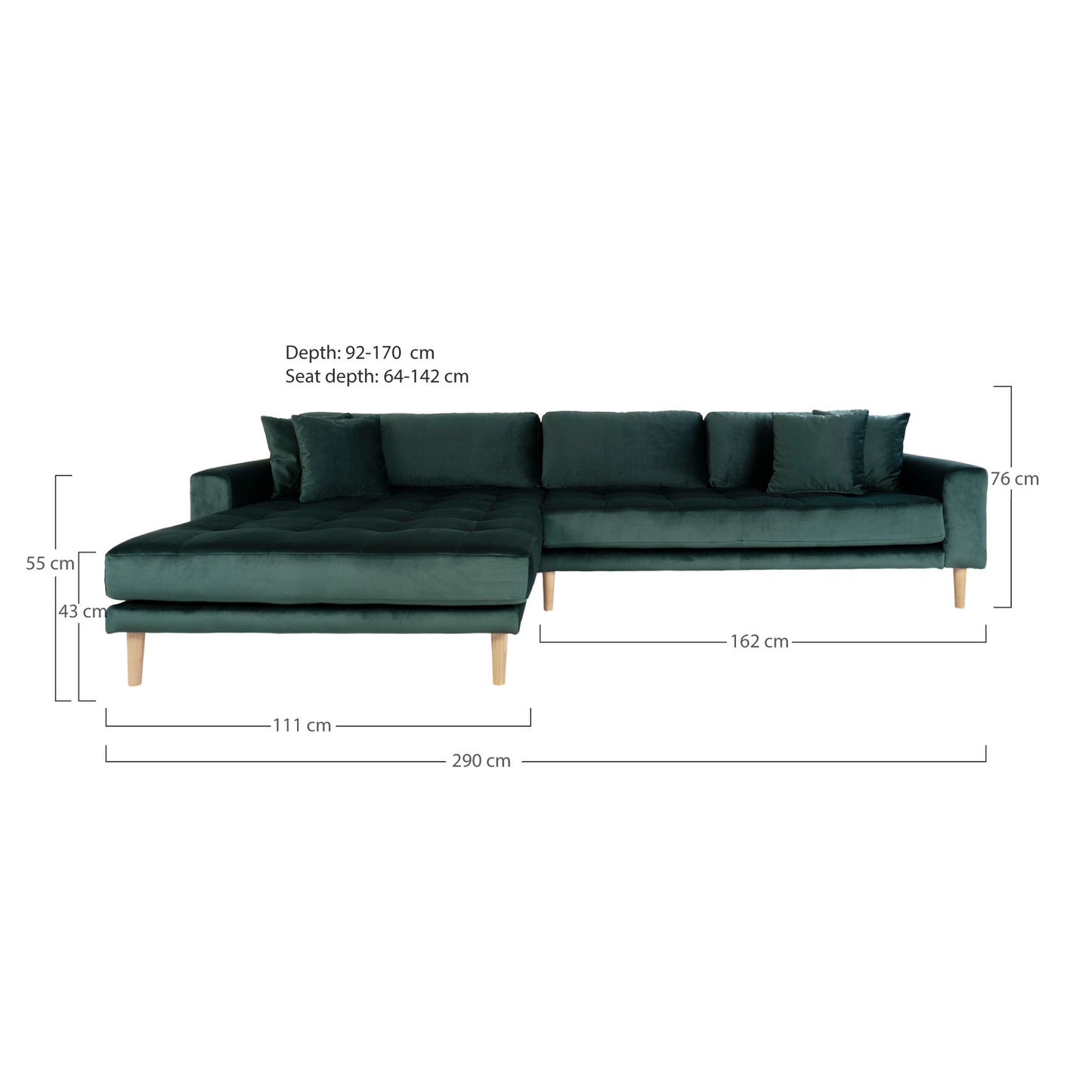 Lido Lounge Sofa - Lounge Sofa, Venstrevendt I Mørkegrøn Velour Med Fire Puder Og Natur Træben,  Hn1006 ⎮ 5713917009886 ⎮ 1301195 