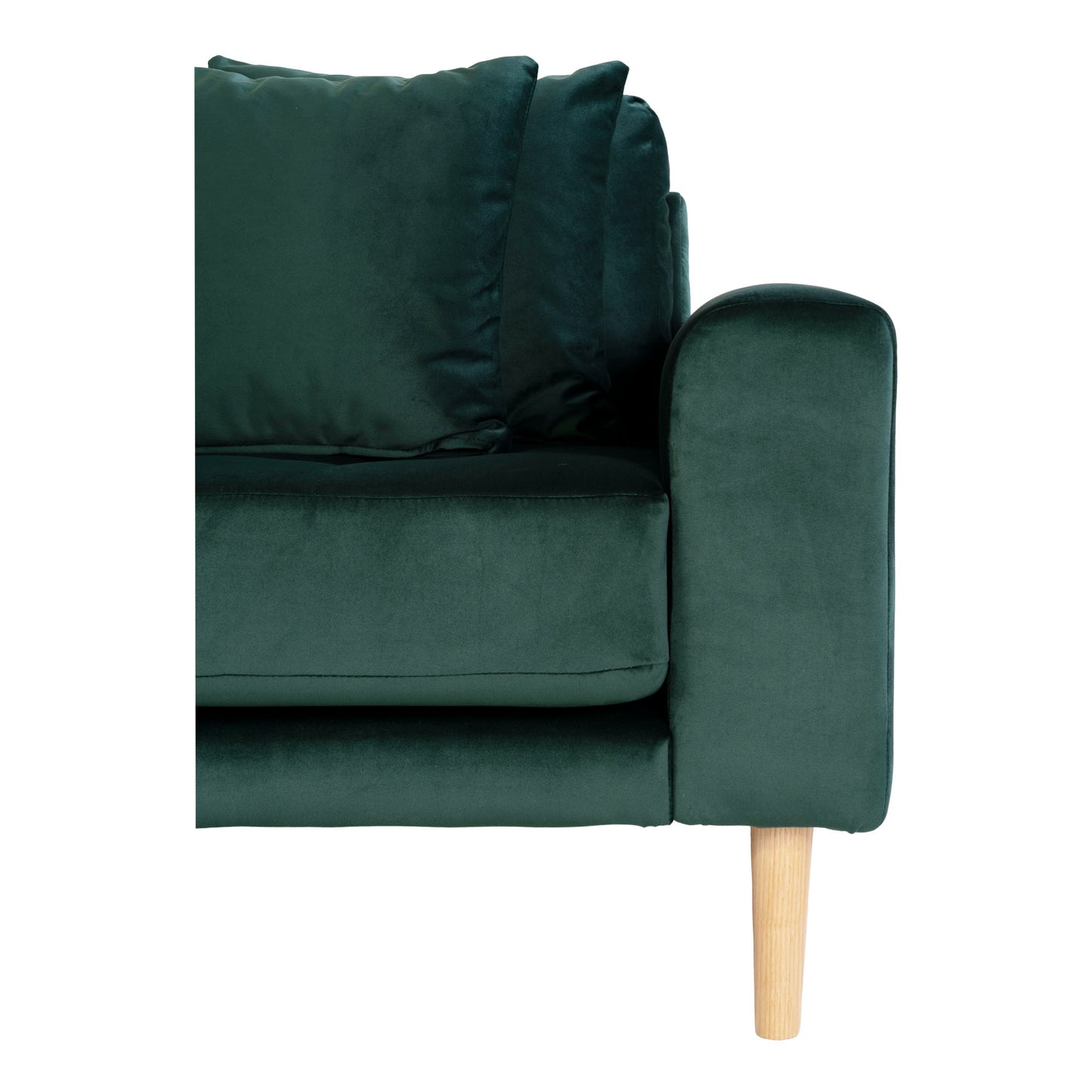 Lido Lounge Sofa - Lounge Sofa, Venstrevendt I Mørkegrøn Velour Med Fire Puder Og Natur Træben,  Hn1006 ⎮ 5713917009886 ⎮ 1301195 