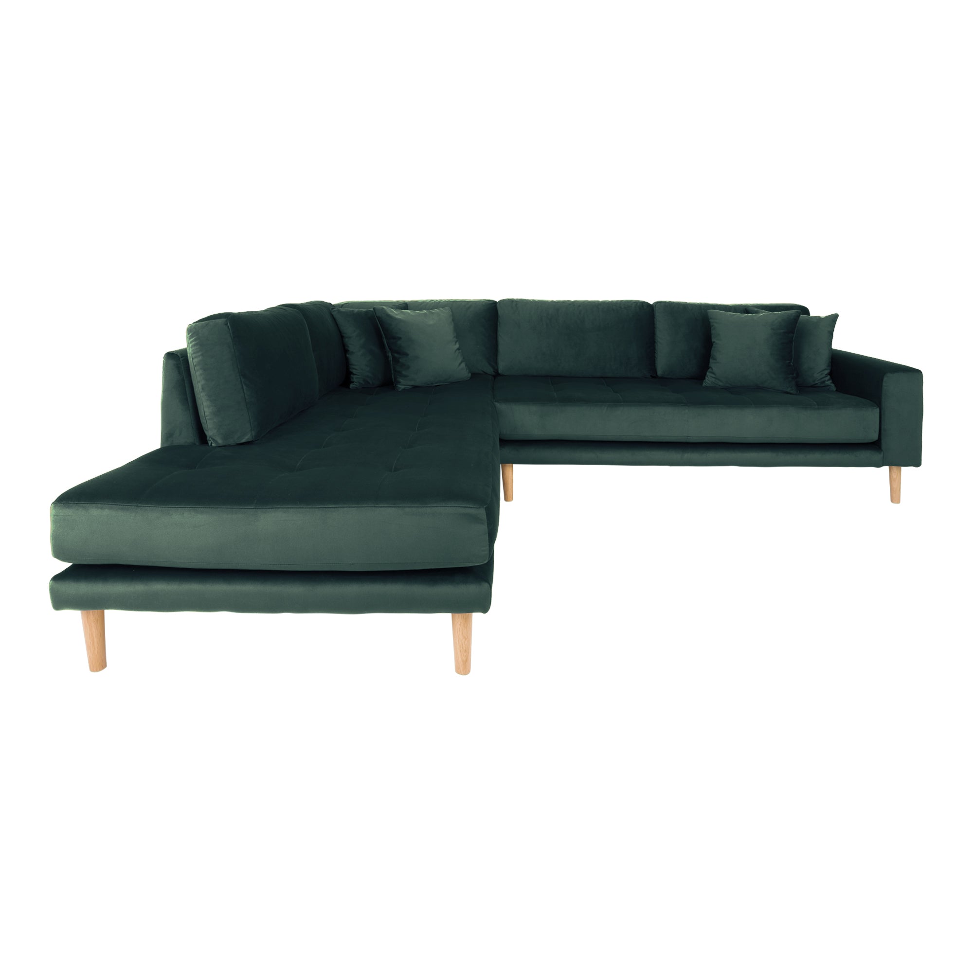 Lido Hjørnesofa Åben Ende - Hjørnesofa Åben Ende, Venstrevendt I Grøn Velour Med Fire Puder Og Natur Træben, Hn1006 ⎮ 5713917023363 ⎮ 1301414 