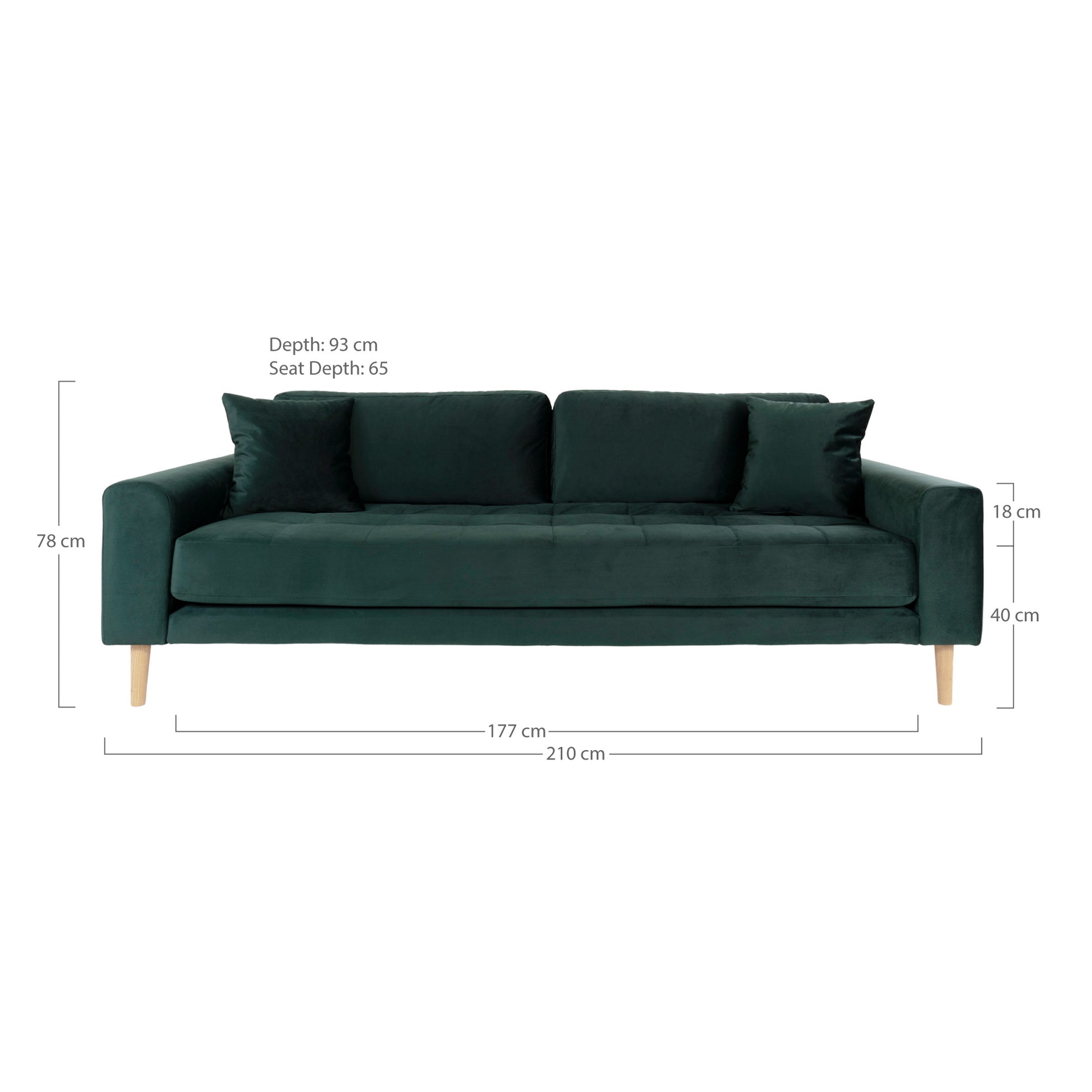Lido 3 Personers Sofa - 3 Personers Sofa, Mørkegrøn Velour Med To Puder Og Natur Træben, Hn1006 ⎮ 5713917010127 ⎮ 1301445 