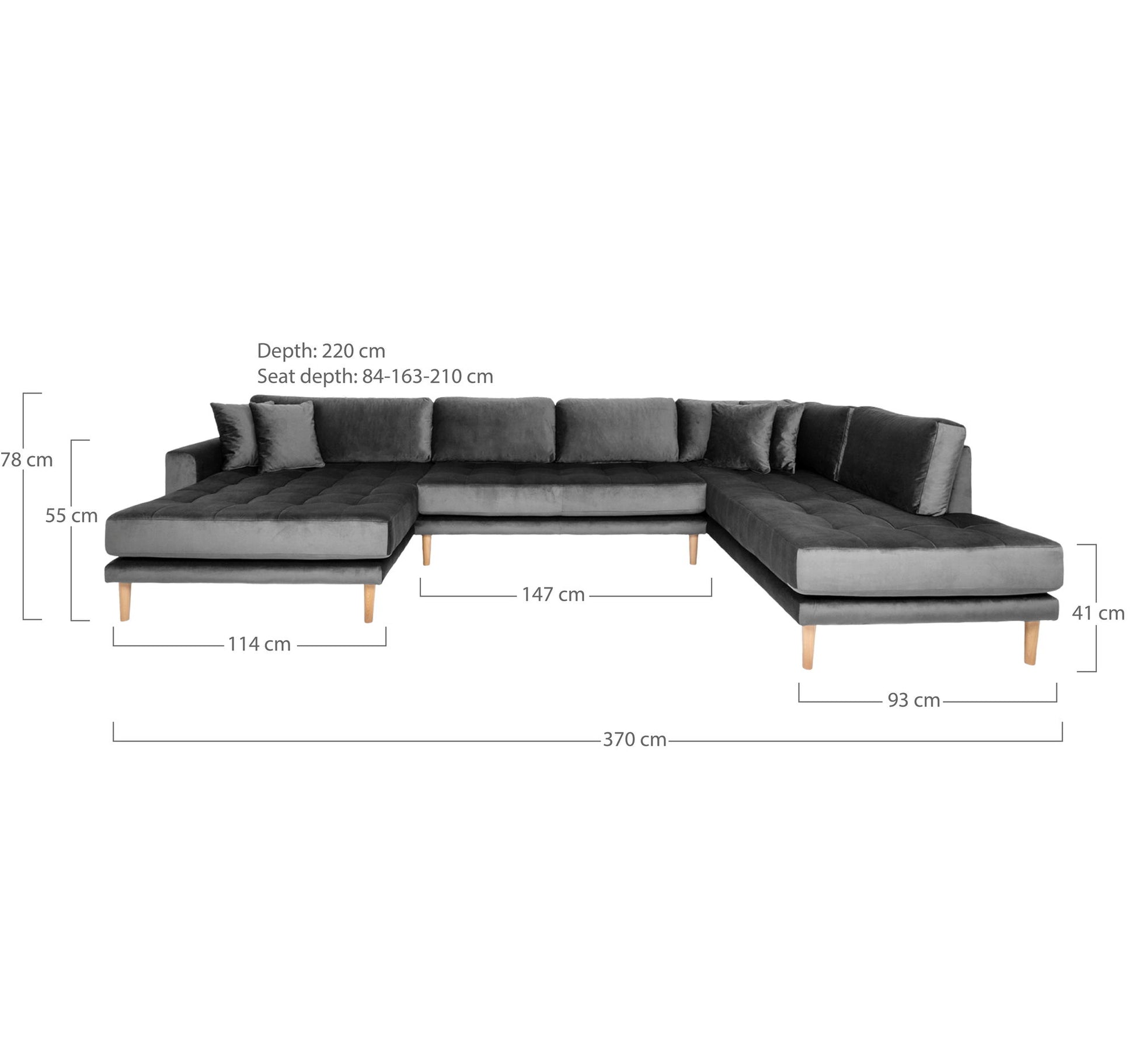 Lido U-Sofa Åben Ende - U-Sofa Åben Ende,  Venstrevendt I Mørkegrå Velour Med Fire Puder Og Natur Træben Hn1013 ⎮ 5713917023486 ⎮ 1301478 