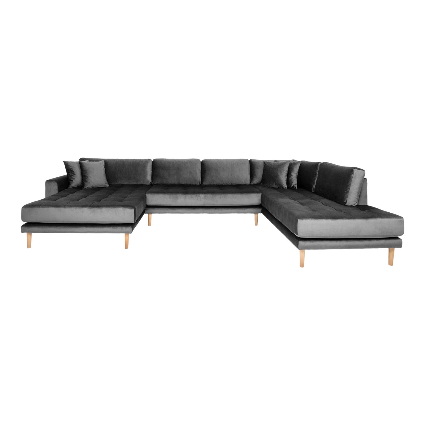Lido U-Sofa Åben Ende - U-Sofa Åben Ende,  Venstrevendt I Mørkegrå Velour Med Fire Puder Og Natur Træben Hn1013 ⎮ 5713917023486 ⎮ 1301478 