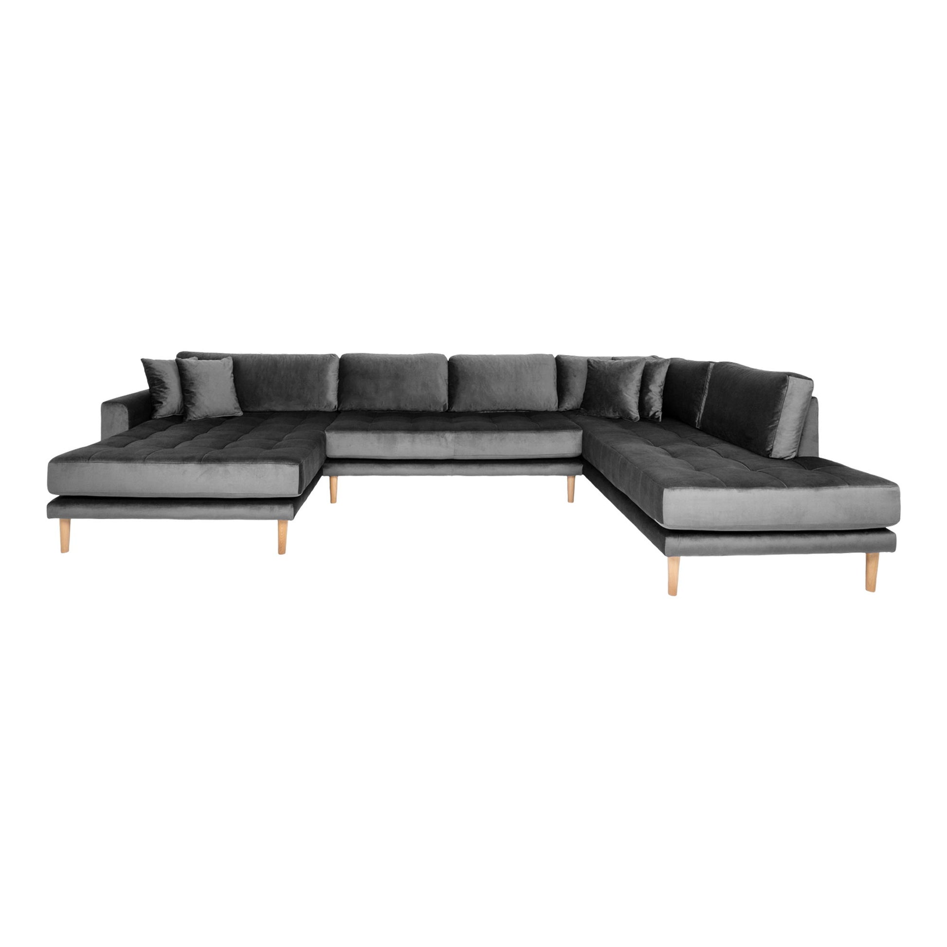 Lido U-Sofa Åben Ende - U-Sofa Åben Ende,  Venstrevendt I Mørkegrå Velour Med Fire Puder Og Natur Træben Hn1013 ⎮ 5713917023486 ⎮ 1301478 