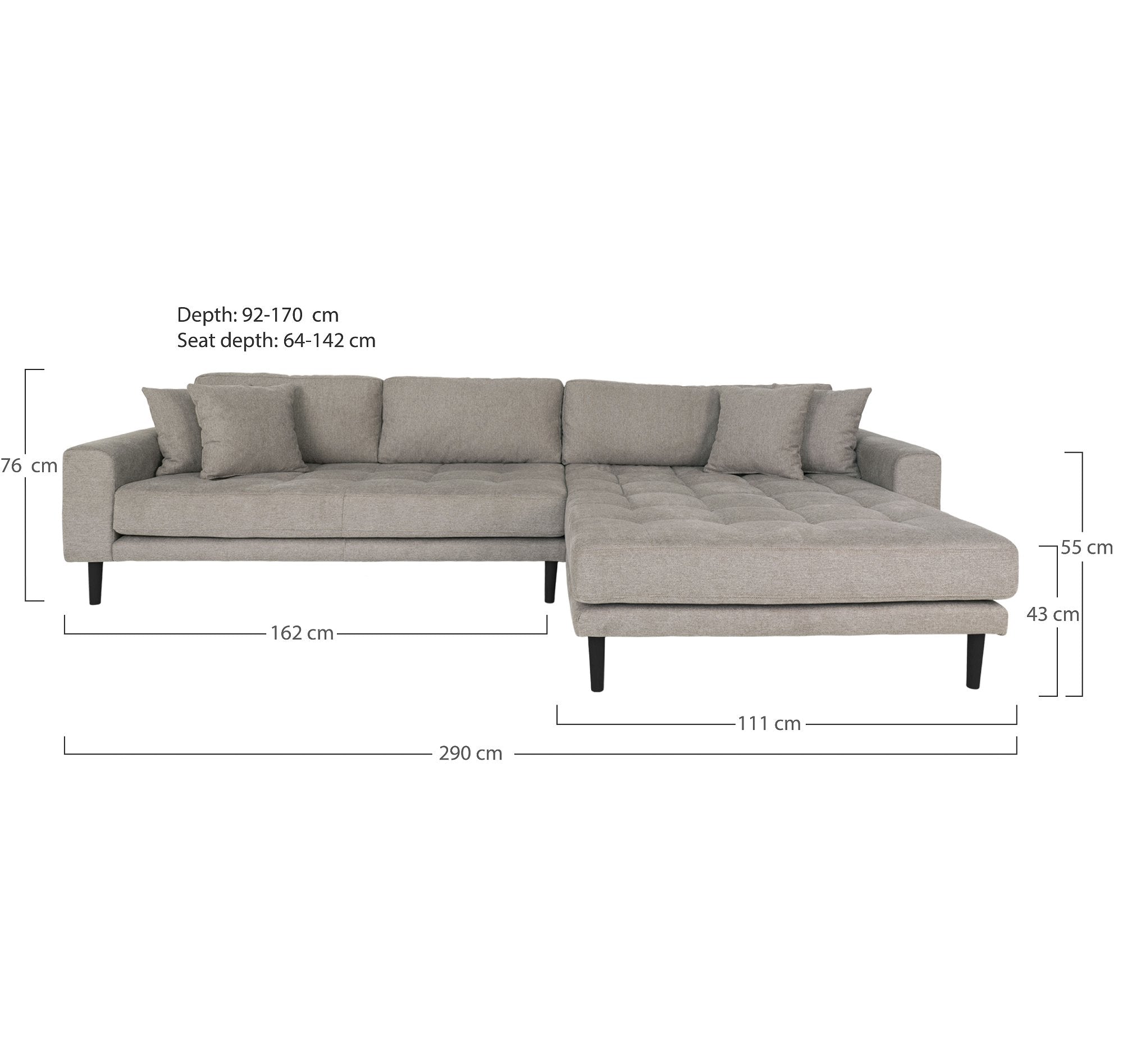 Lido Lounge Sofa - Lounge Sofa, Højrevendt I Stone Med Fire Puder Og Sorte Træben, Hn1030 ⎮ 5713917019496 ⎮ 1301481 