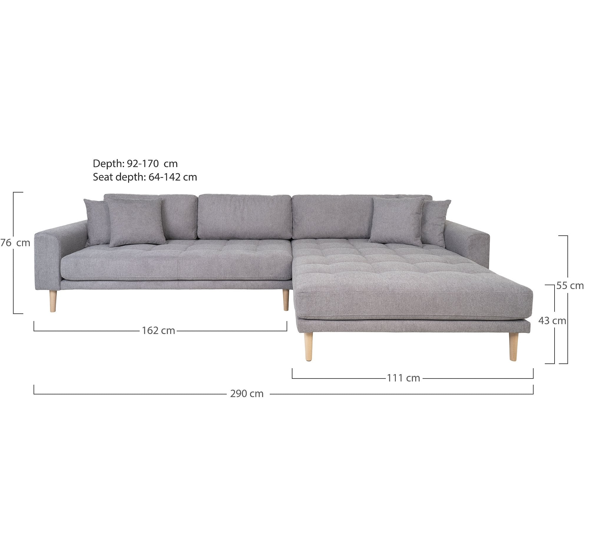 Lido Lounge Sofa - Lounge Sofa, Højrevendt I Lysegrå Med Fire Puder Og Natur Træben, Hn1040 ⎮ 5713917025961 ⎮ 1301600 