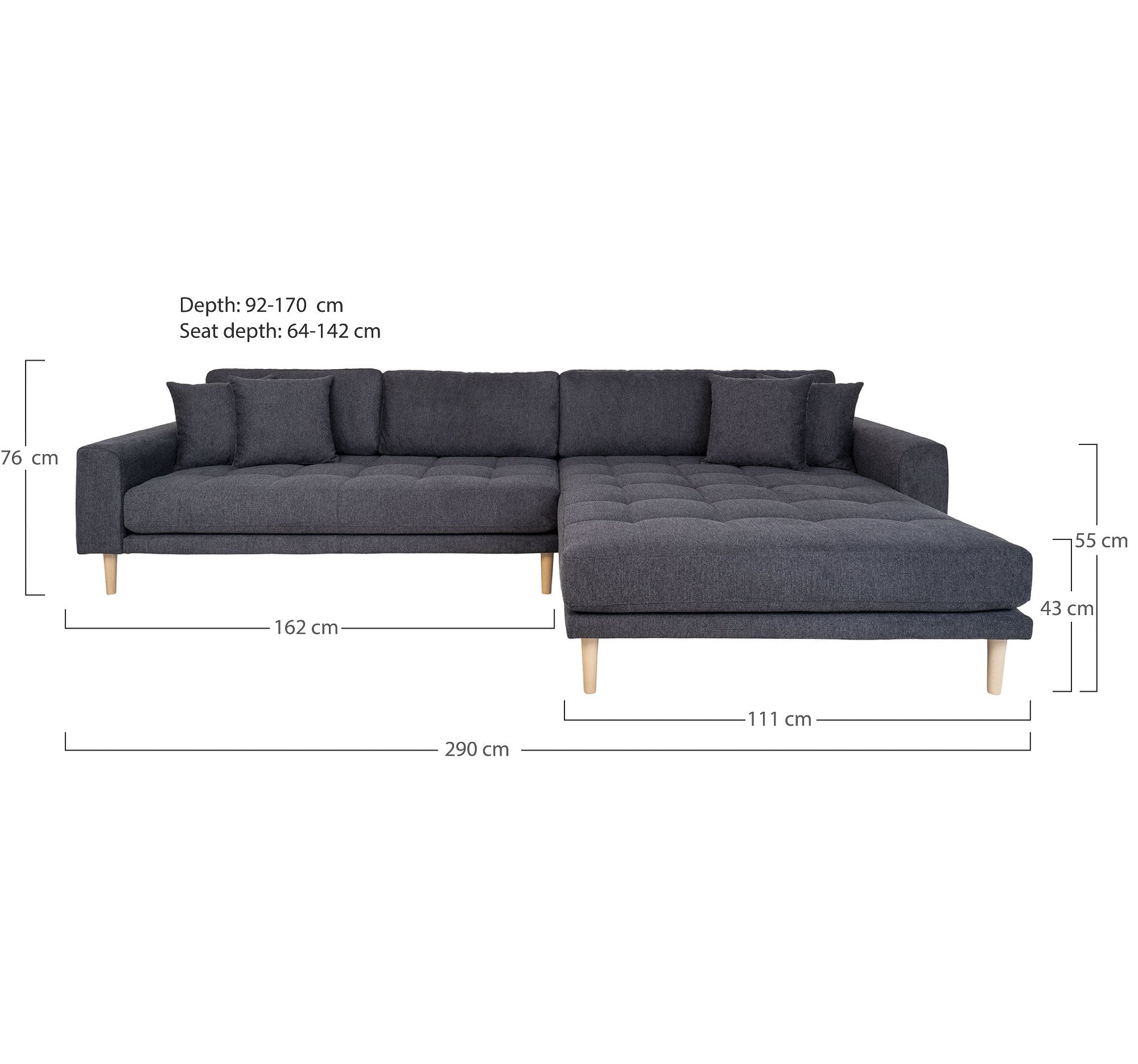 Lido Lounge Sofa - Lounge Sofa, Højrevendt I Mørkegrå Med Fire Puder Og Natur Træben, Hn1045 ⎮ 5713917026012 ⎮ 1301602 